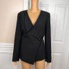 Tahari Women Polyester Stretch Blazer Size 8 Black lined Ruffle Collarless Wrap