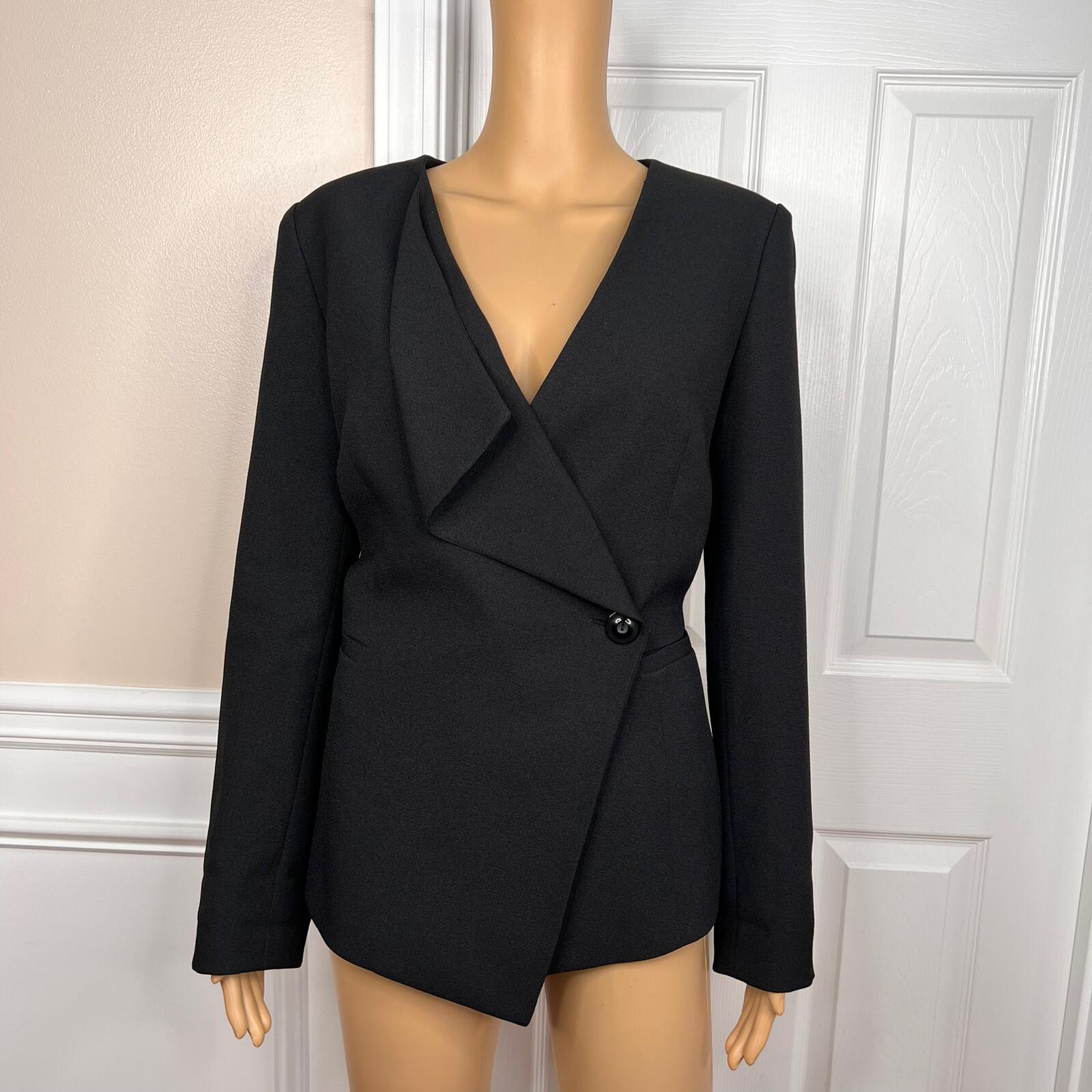 Tahari Women Polyester Stretch Blazer Size 8 Black lined Ruffle Collarless Wrap