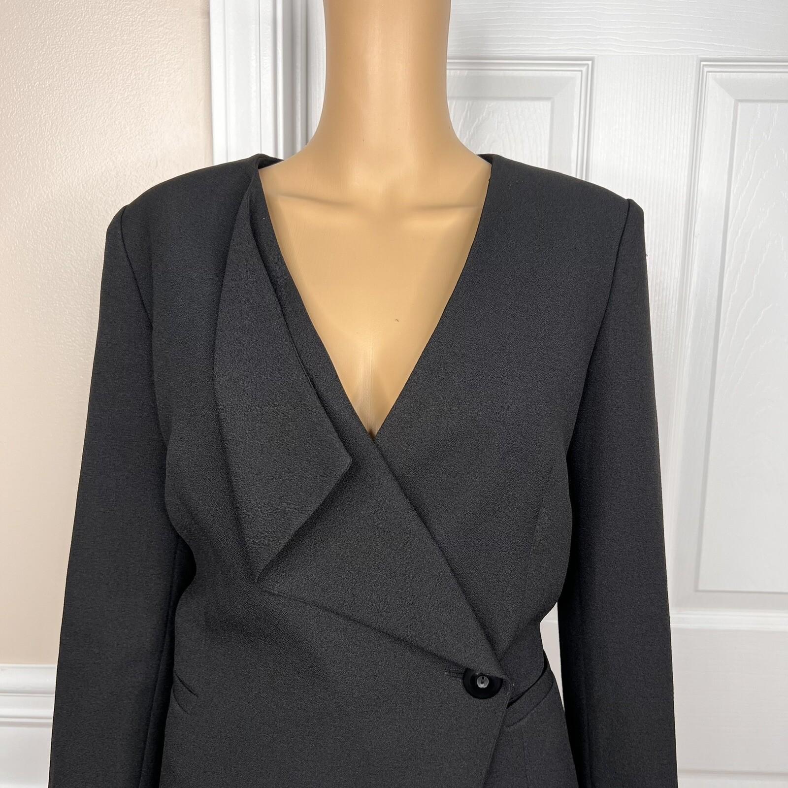 Tahari Women Polyester Stretch Blazer Size 8 Black lined Ruffle Collarless Wrap