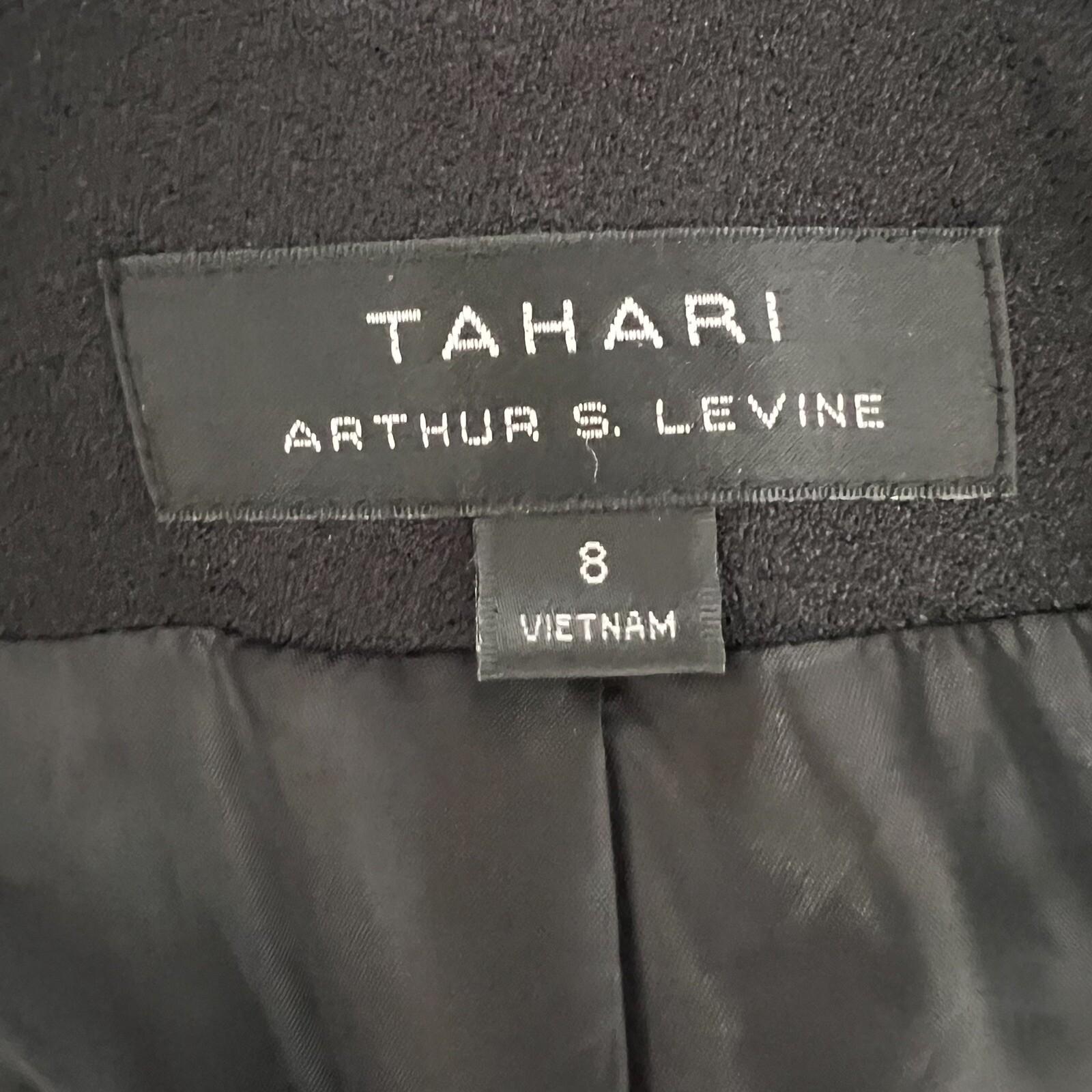 Tahari Women Polyester Stretch Blazer Size 8 Black lined Ruffle Collarless Wrap