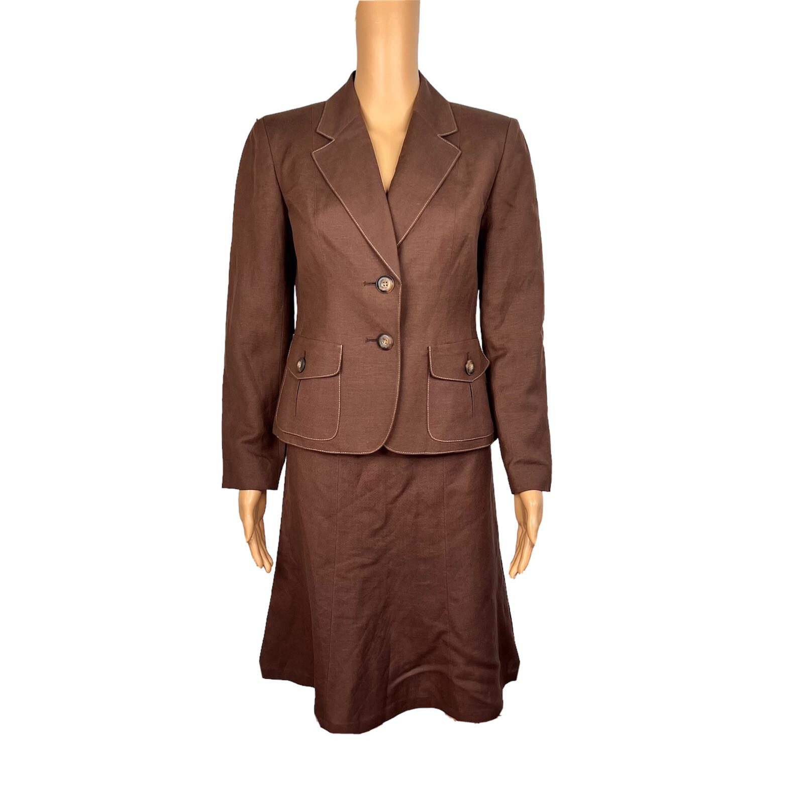 Kasper Women Linen Rayon Skirt Size 2P Suit Size 4P Brown Lined Flared 2 Piece