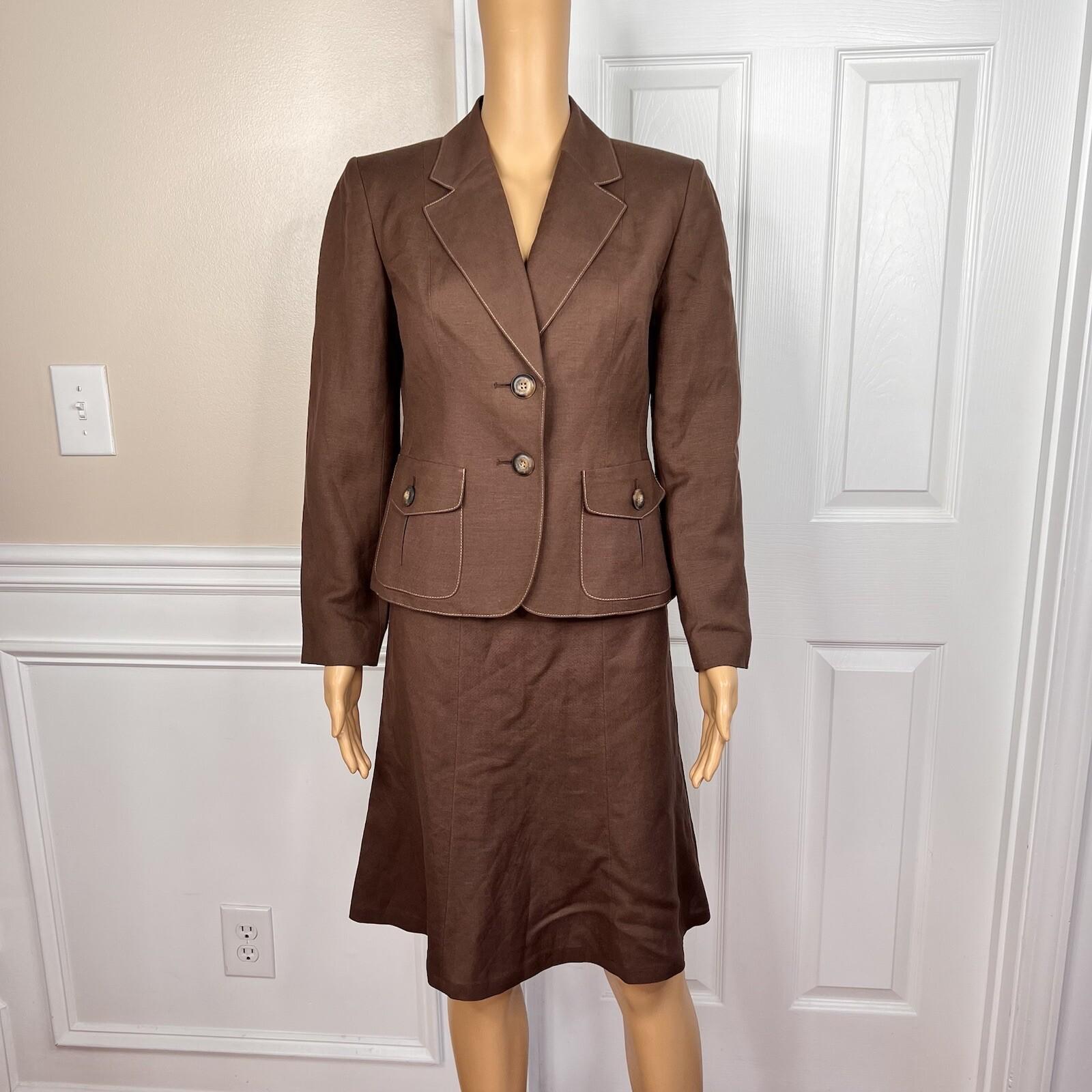 Kasper Women Linen Rayon Skirt Size 2P Suit Size 4P Brown Lined Flared 2 Piece