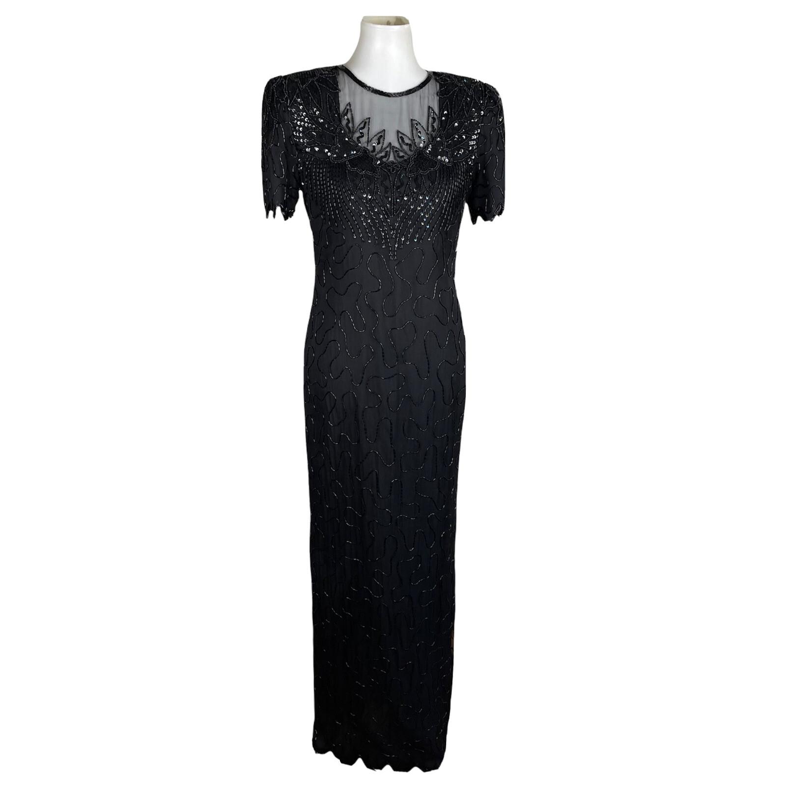 Laurence Kazar Silk Dress Size S Black Beaded Maxi Lined Formal Short Sleeve New