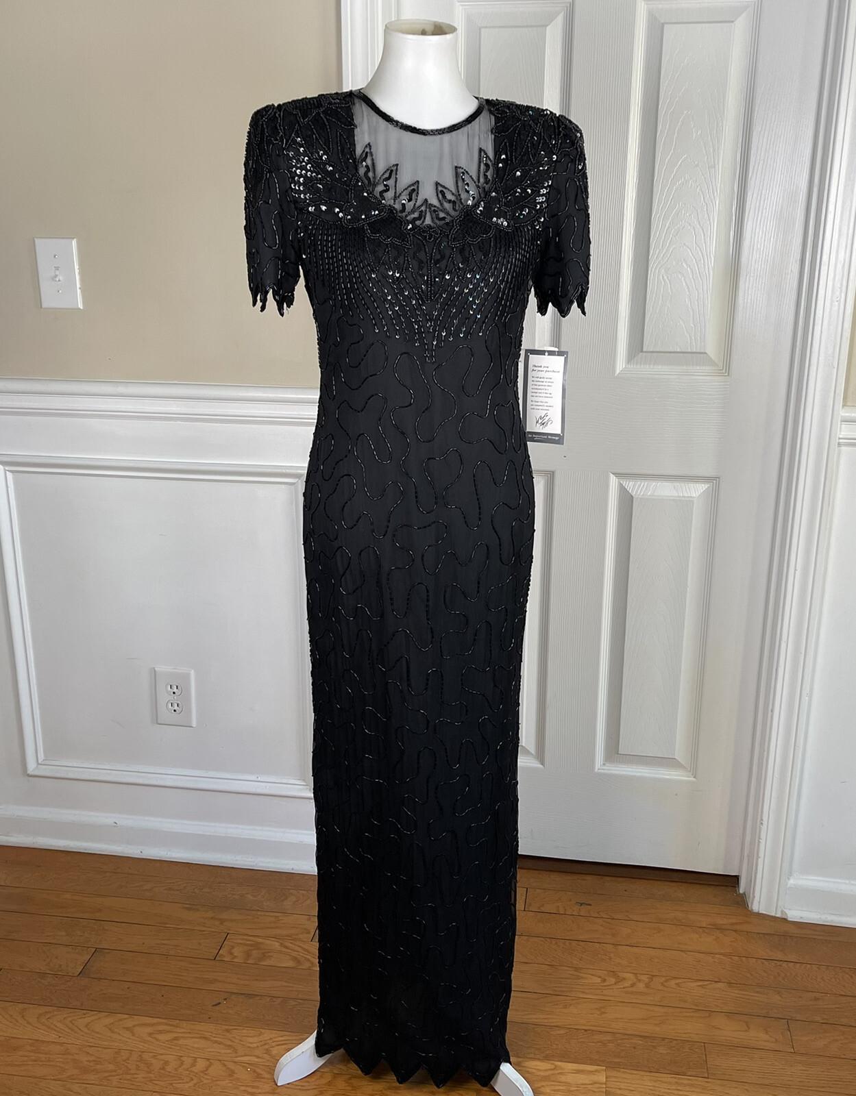 Laurence Kazar Silk Dress Size S Black Beaded Maxi Lined Formal Short Sleeve New