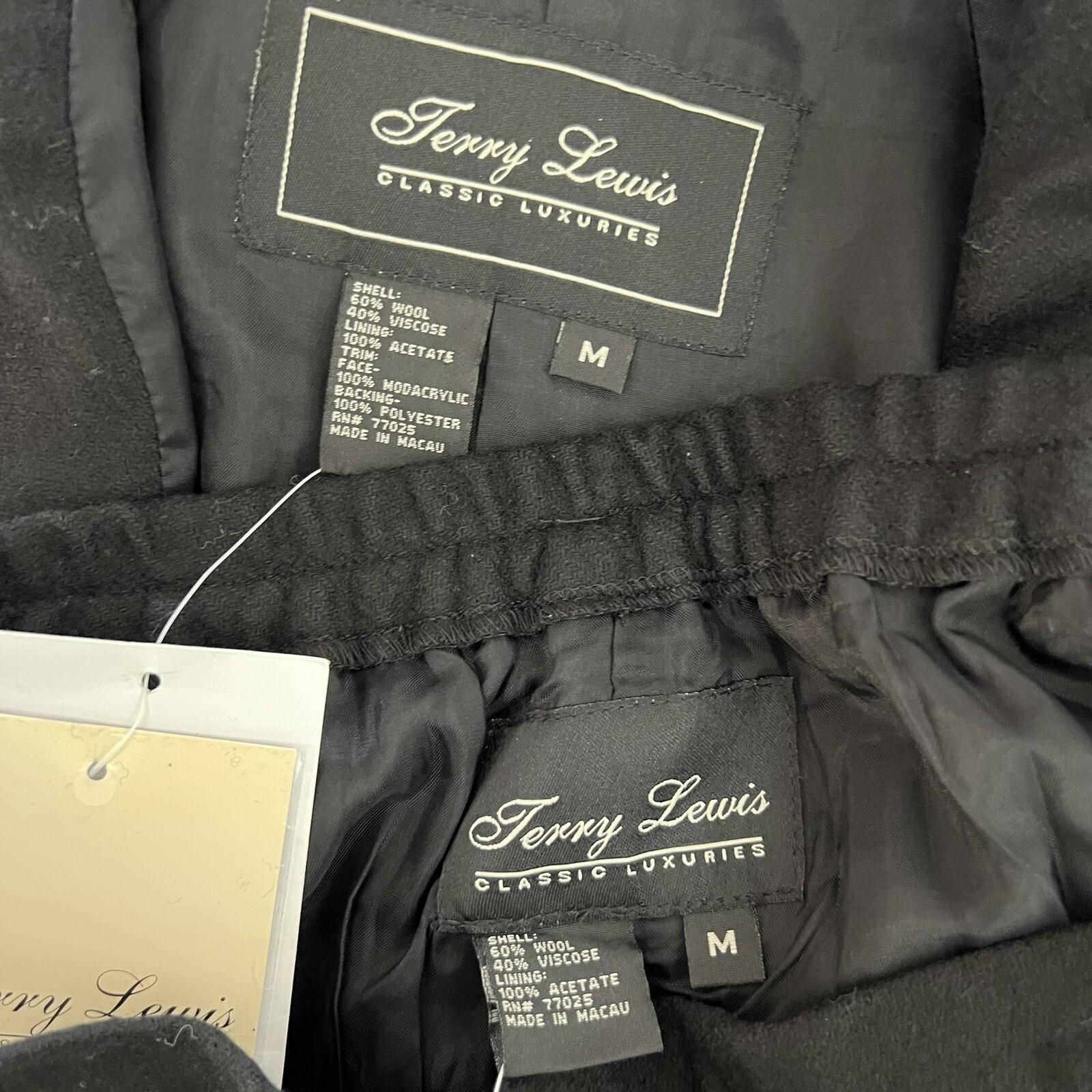 Terry Lewis Wool Viscose Black Pant Suit Size M Removable Collar Pockets 2PC New