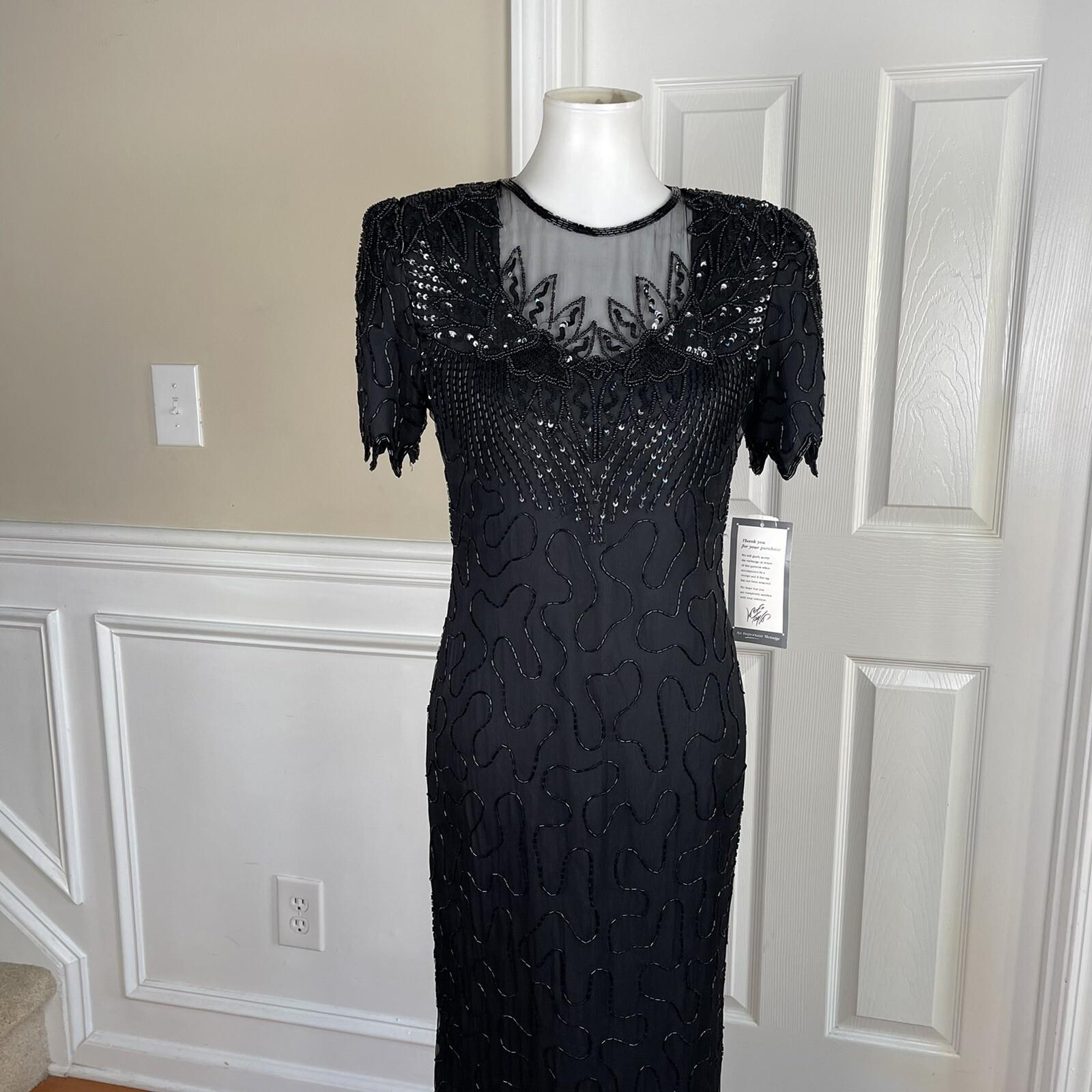 Laurence Kazar Silk Dress Size S Black Beaded Maxi Lined Formal Short Sleeve New