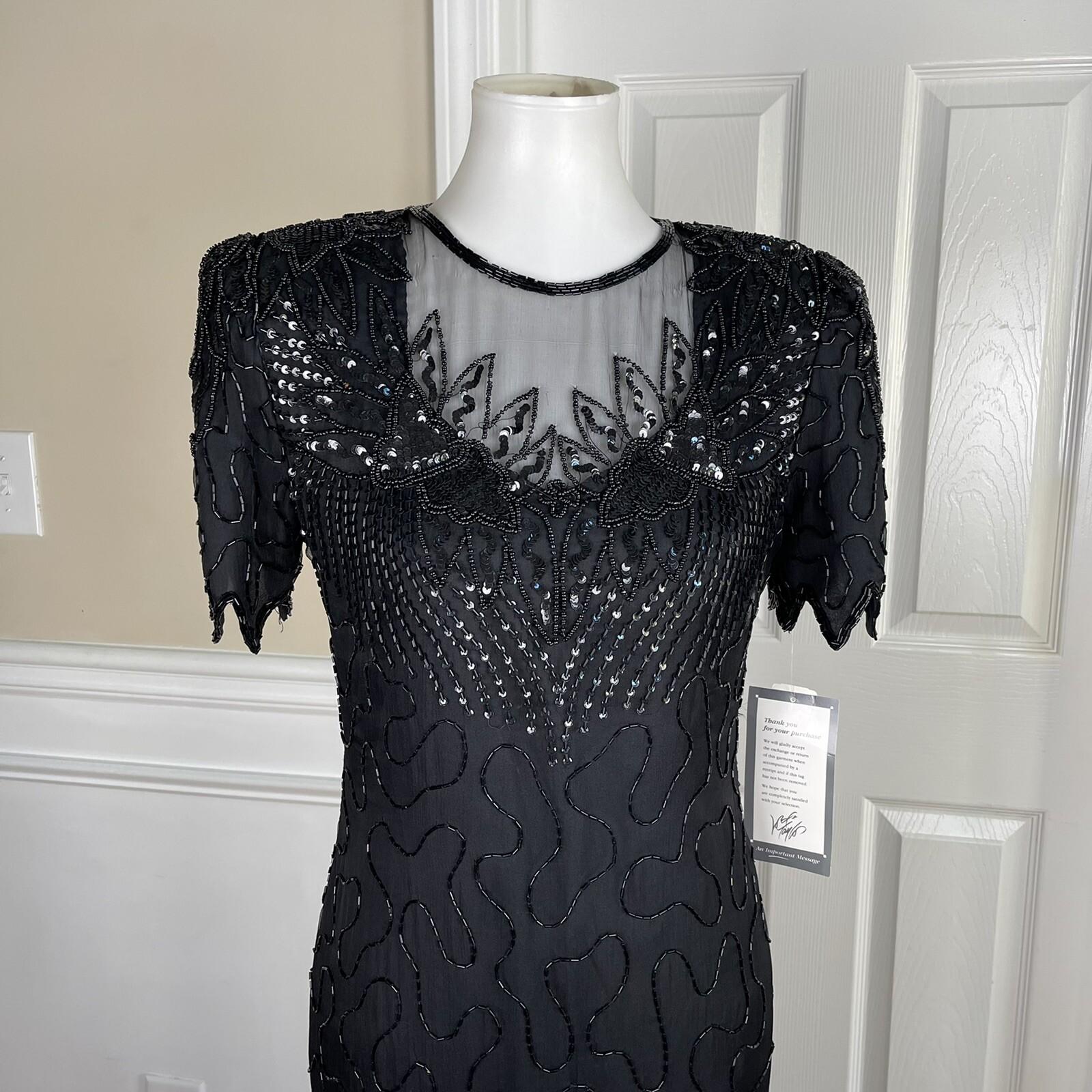 Laurence Kazar Silk Dress Size S Black Beaded Maxi Lined Formal Short Sleeve New