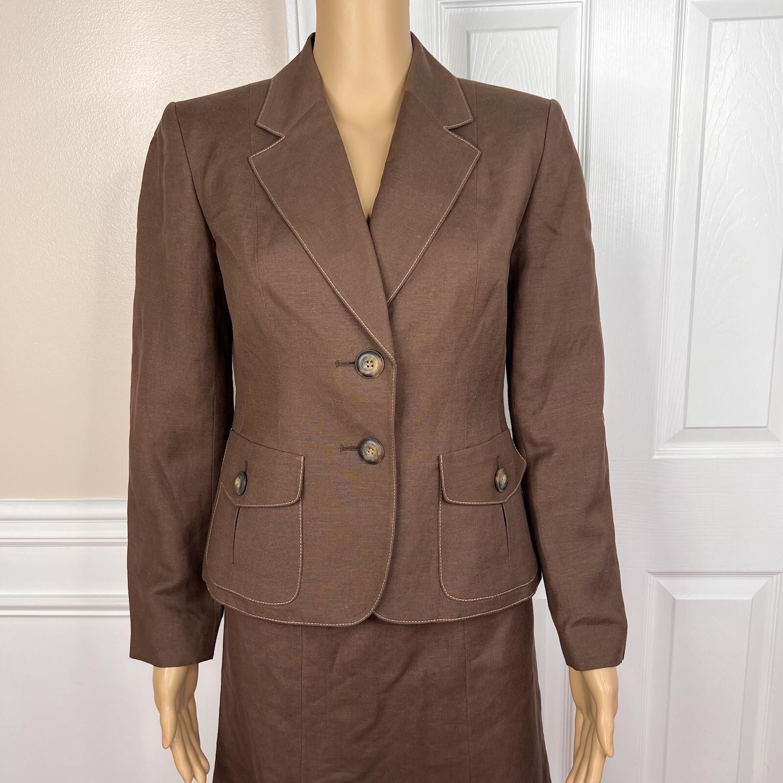 Kasper Women Linen Rayon Skirt Size 2P Suit Size 4P Brown Lined Flared 2 Piece