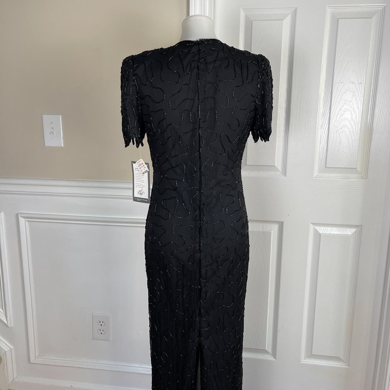 Laurence Kazar Silk Dress Size S Black Beaded Maxi Lined Formal Short Sleeve New