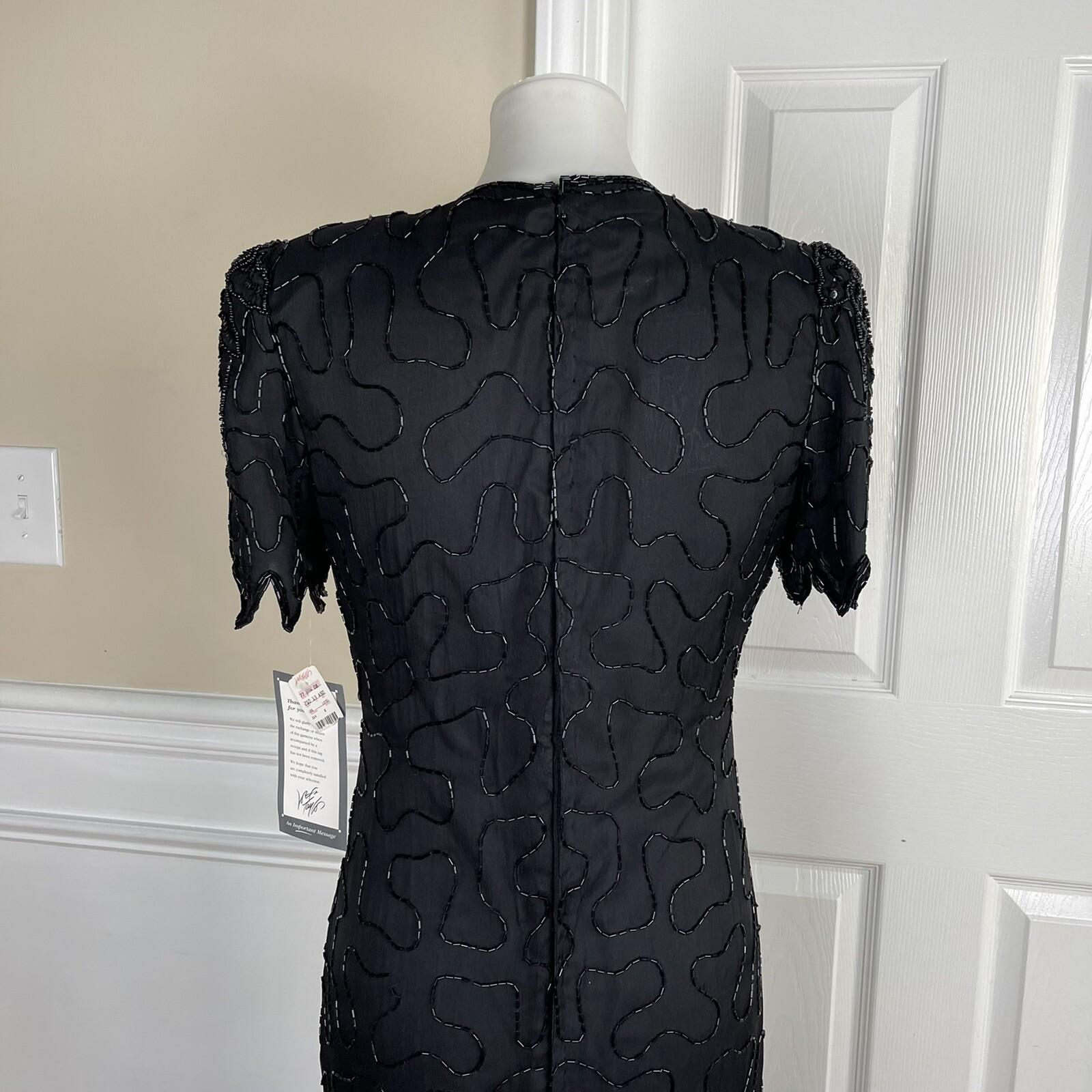 Laurence Kazar Silk Dress Size S Black Beaded Maxi Lined Formal Short Sleeve New