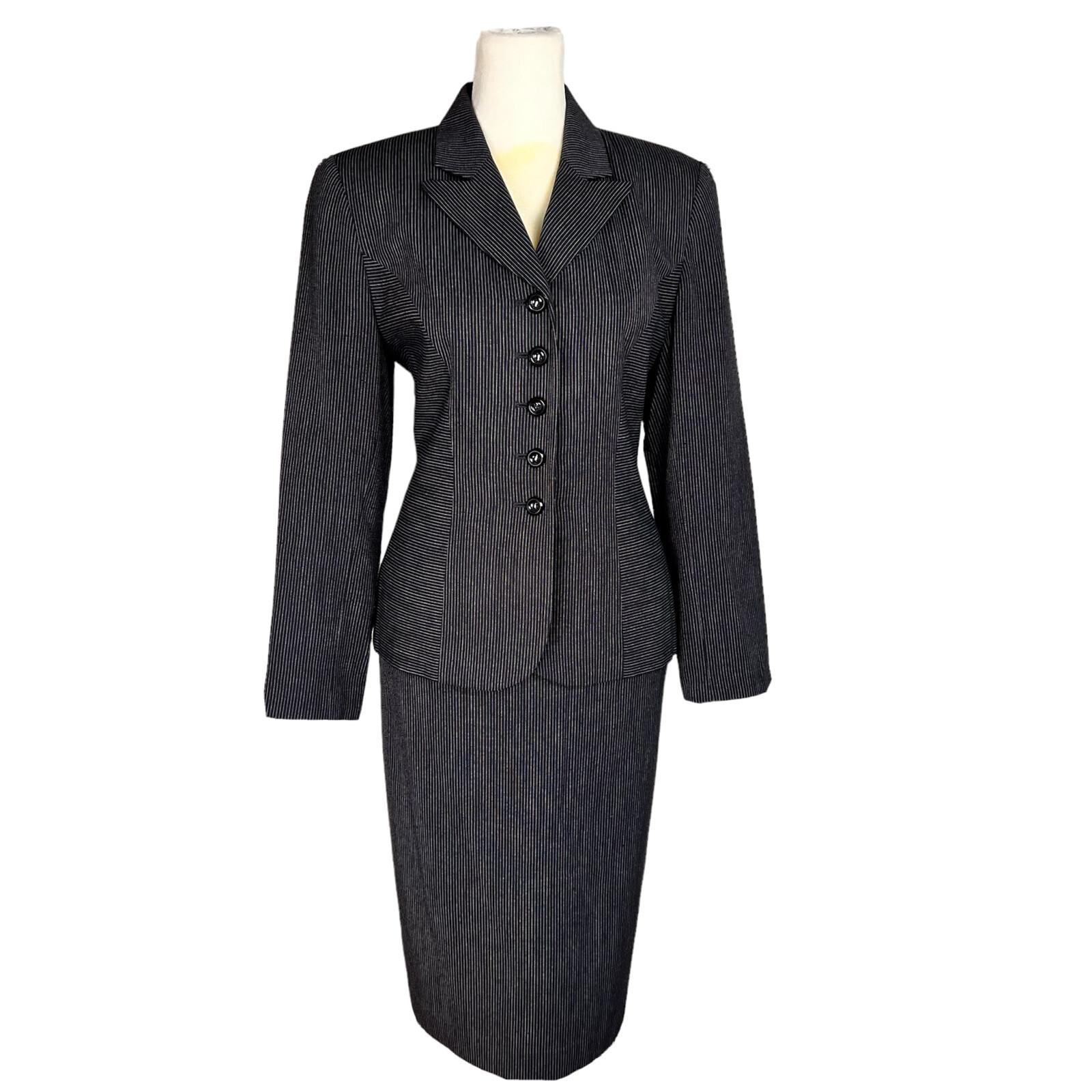 KASPER ASL 2PC Black Striped Polyester Rayon Viscose Skirt Suit Size 2P
