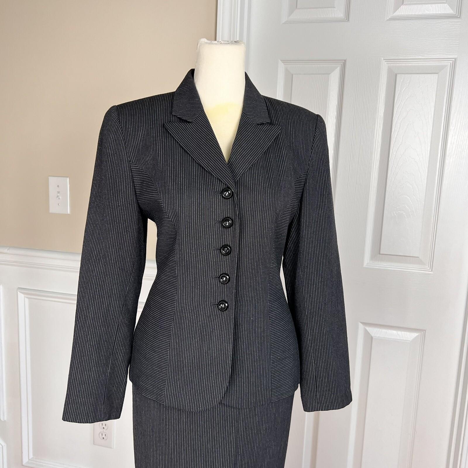 KASPER ASL 2PC Black Striped Polyester Rayon Viscose Skirt Suit Size 2P