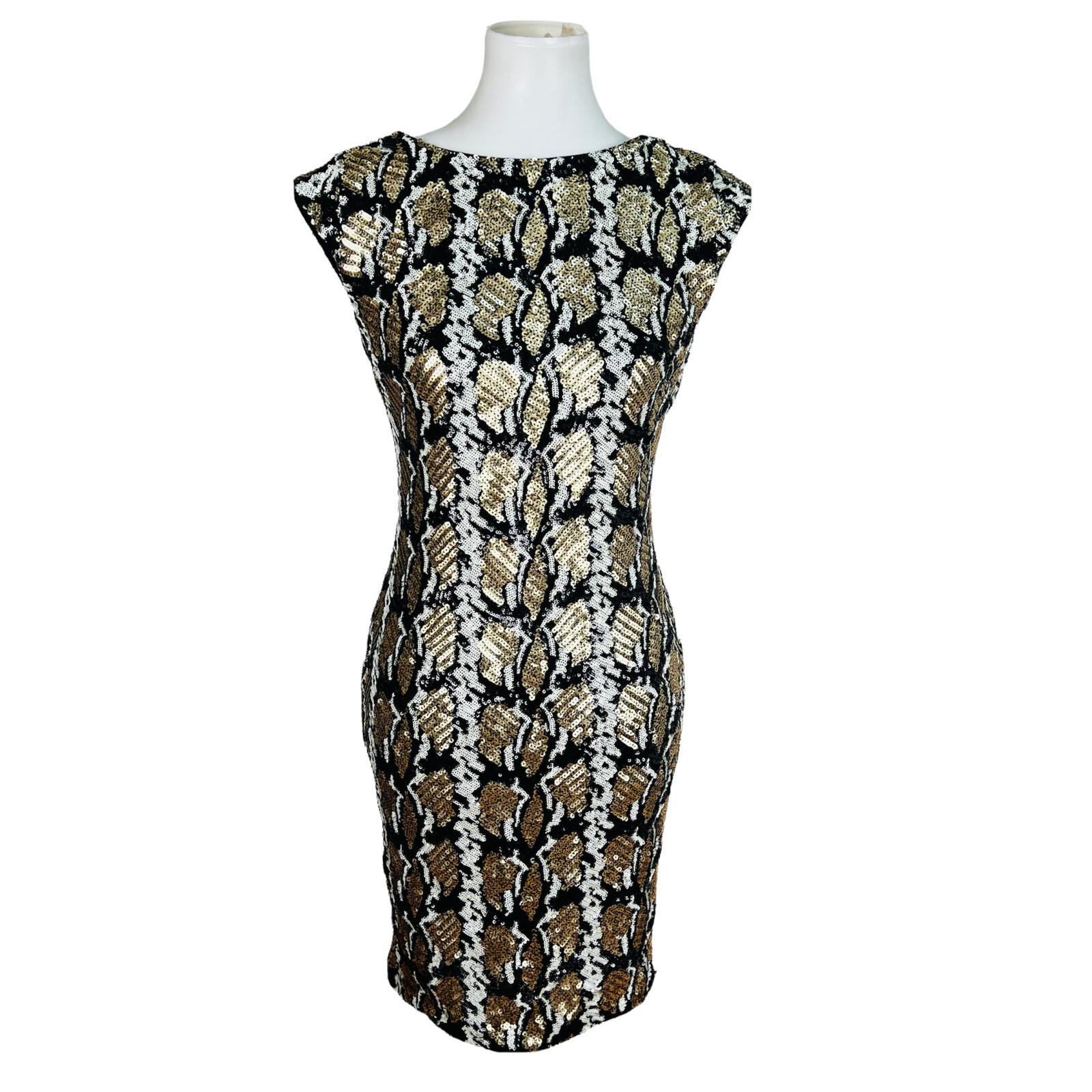 GUESS Women Black Gold Sequin Sleeveless Collarless Stretch Lined Dress Size M
