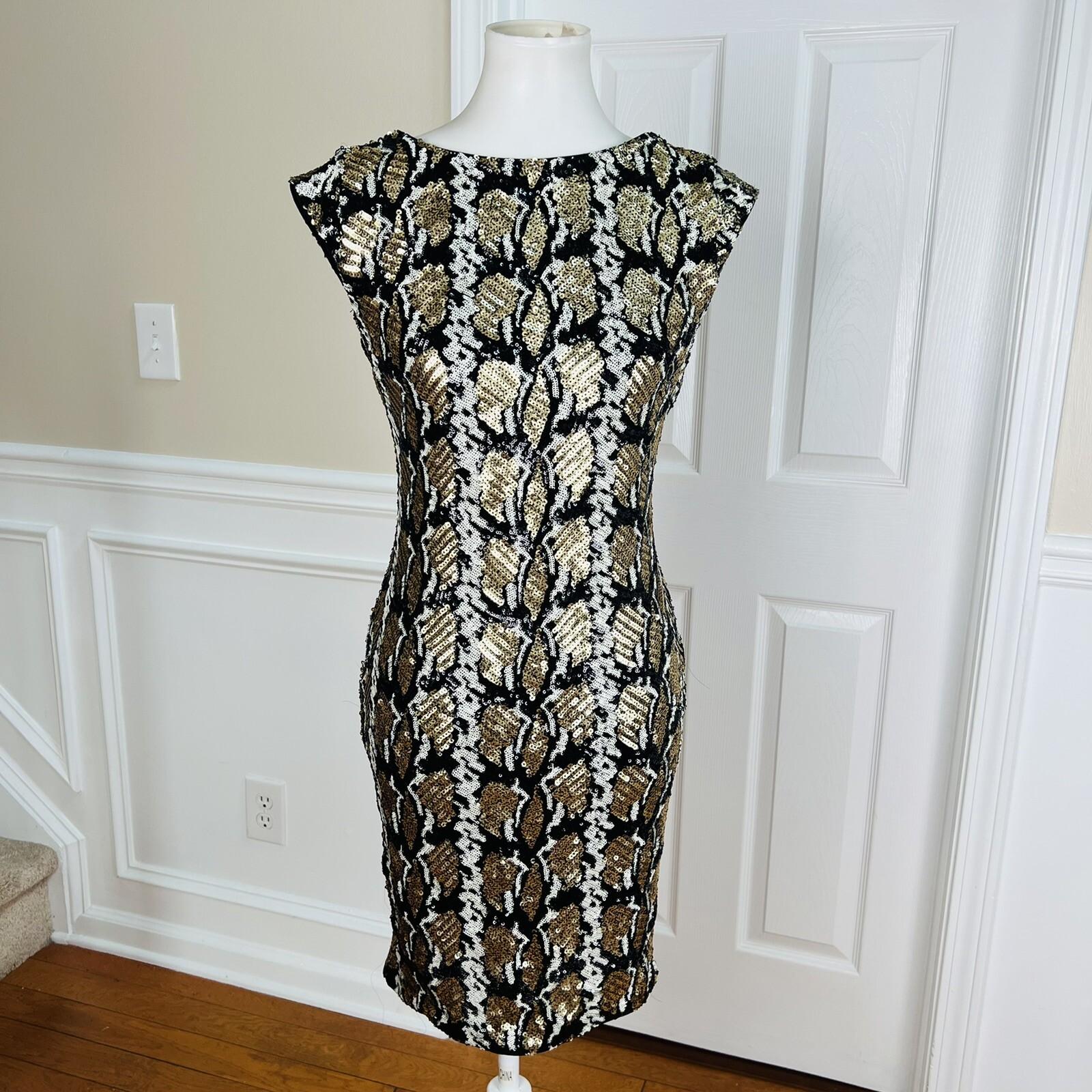 GUESS Women Black Gold Sequin Sleeveless Collarless Stretch Lined Dress Size M