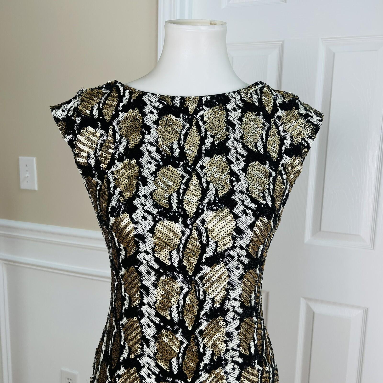 GUESS Women Black Gold Sequin Sleeveless Collarless Stretch Lined Dress Size M