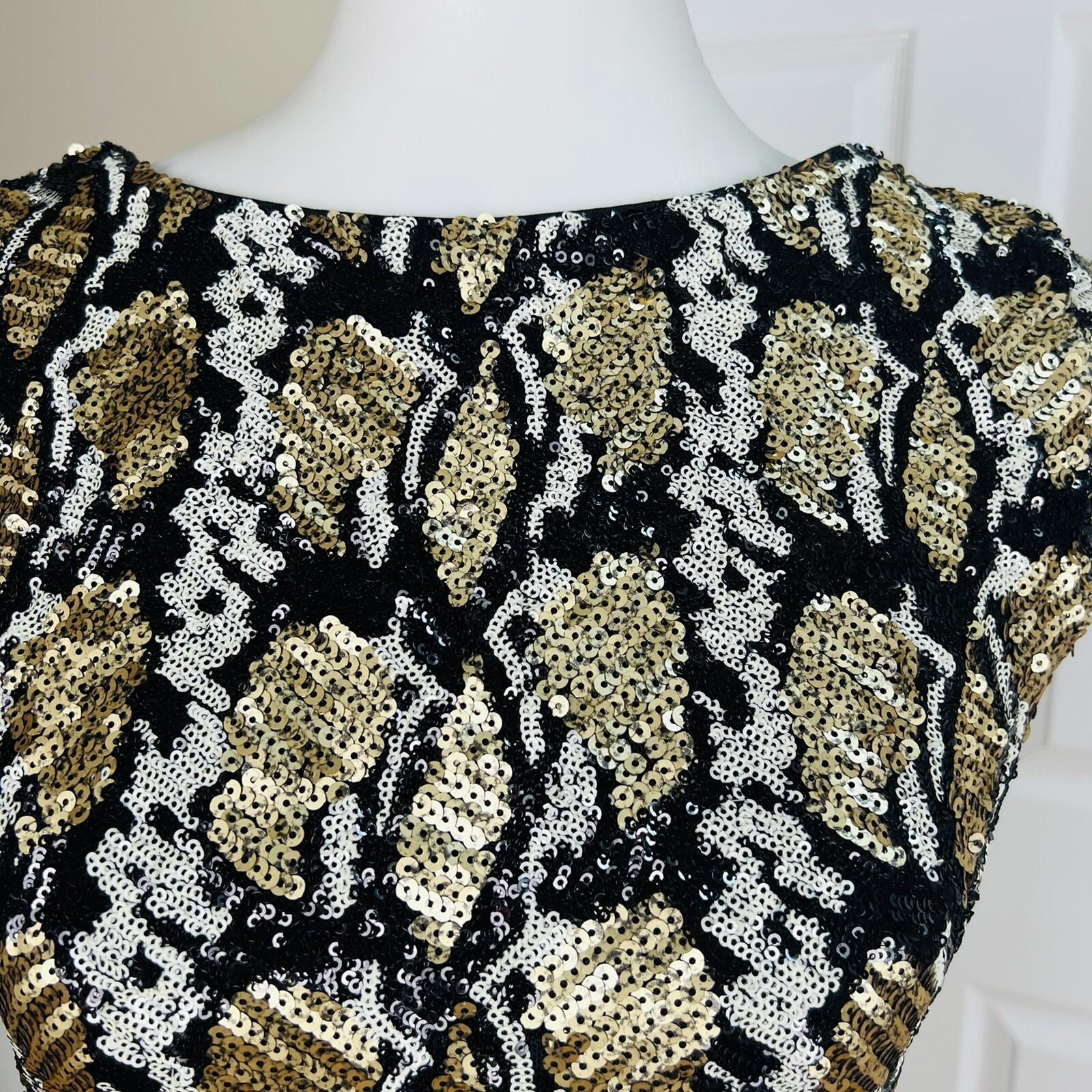 GUESS Women Black Gold Sequin Sleeveless Collarless Stretch Lined Dress Size M
