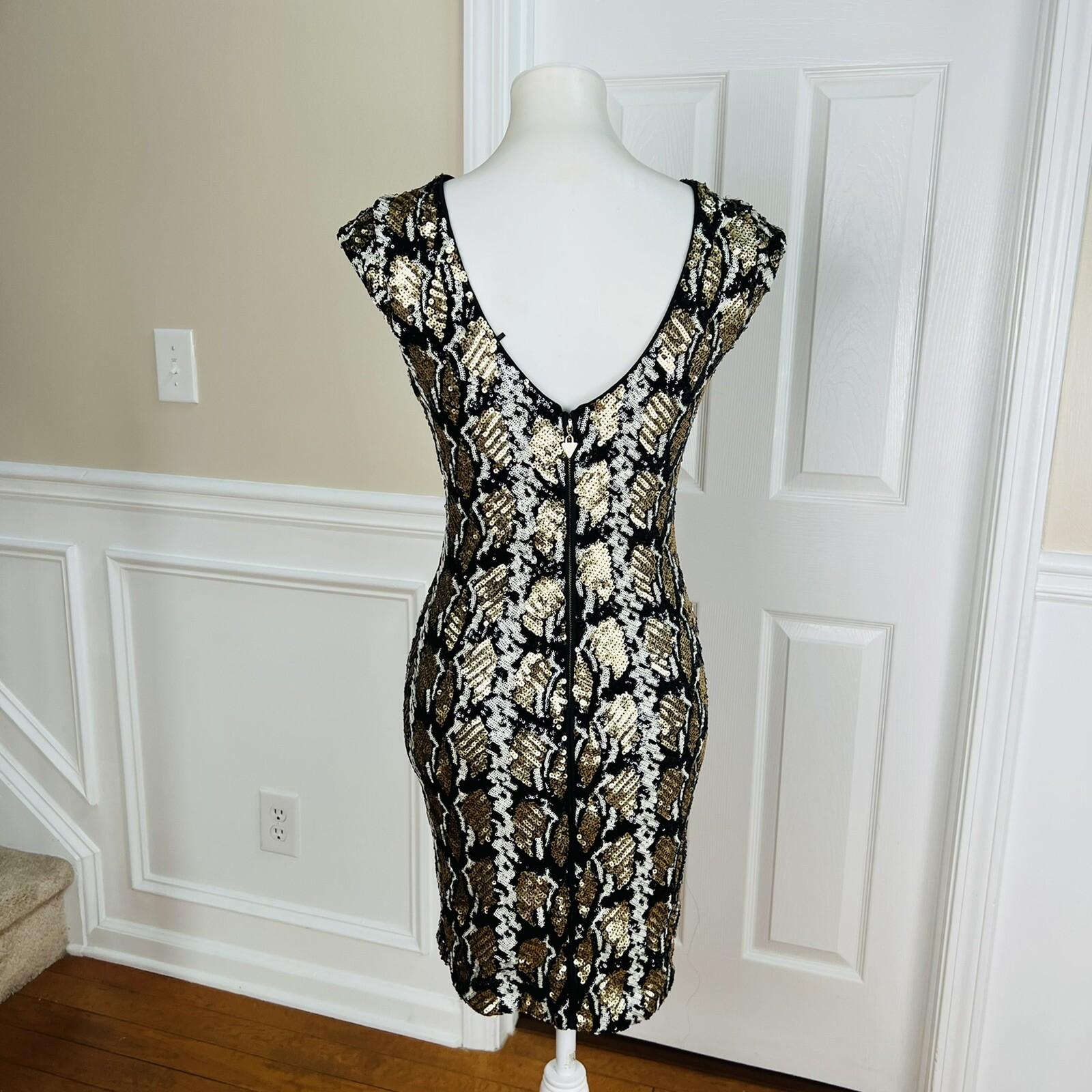 GUESS Women Black Gold Sequin Sleeveless Collarless Stretch Lined Dress Size M