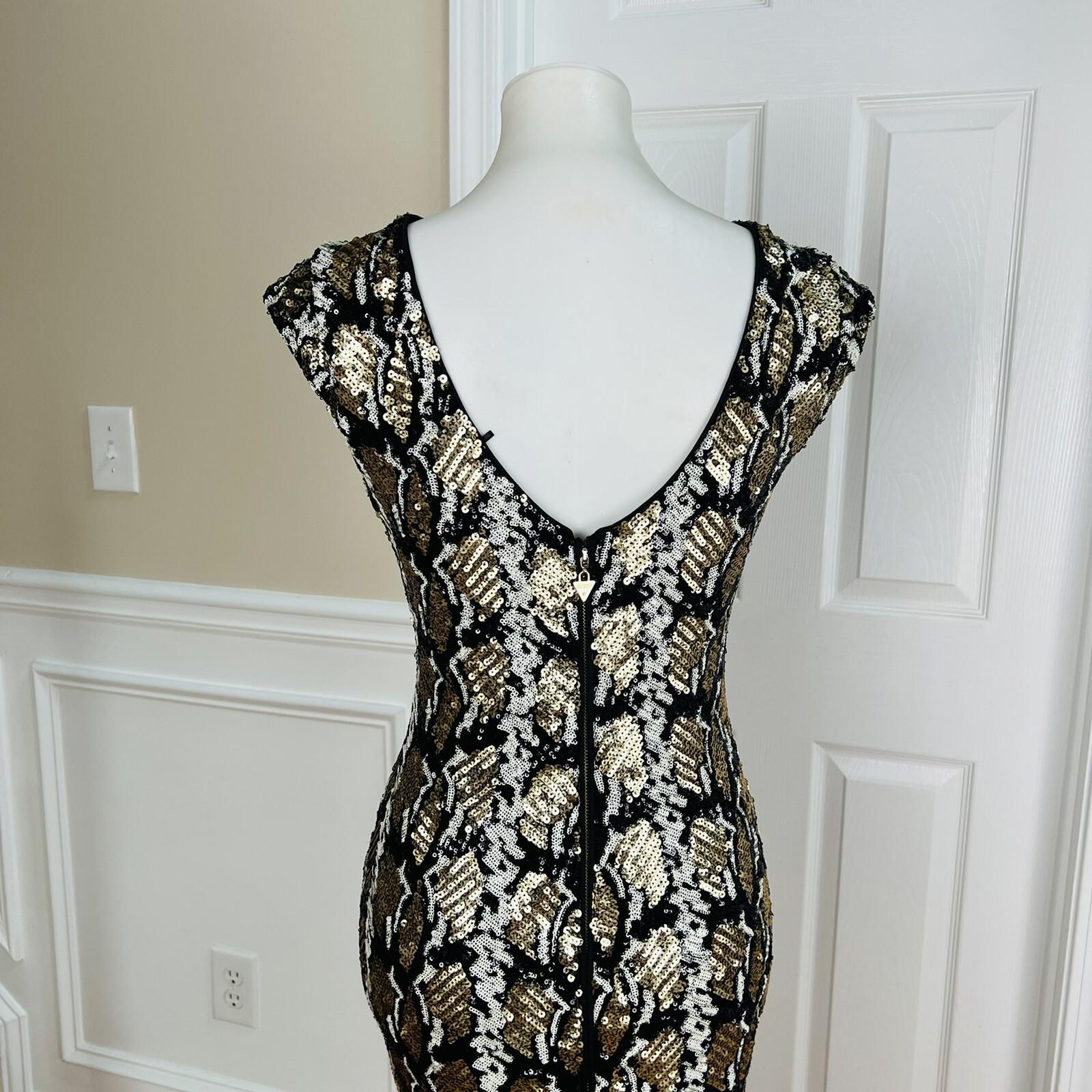 GUESS Women Black Gold Sequin Sleeveless Collarless Stretch Lined Dress Size M