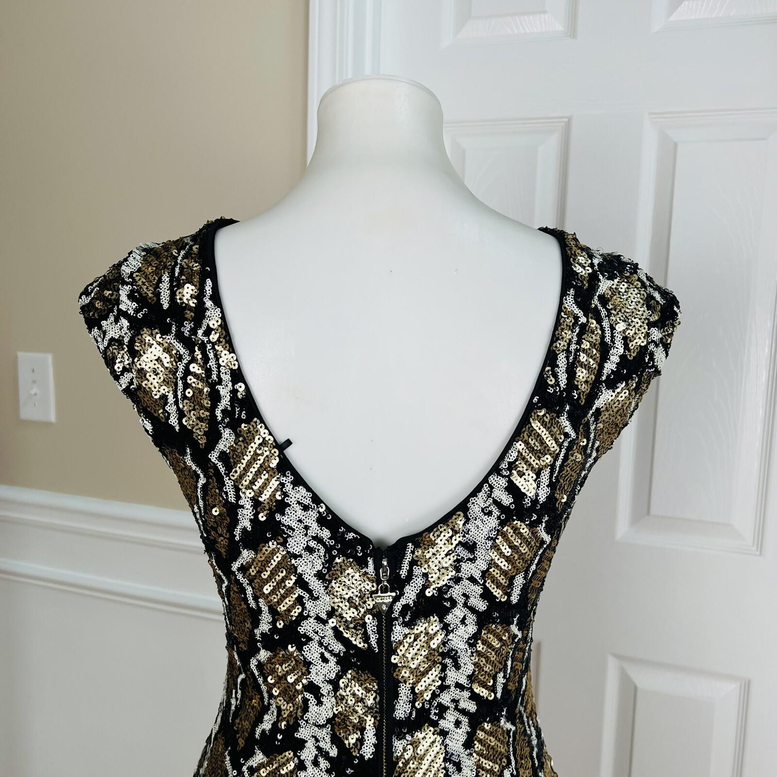 GUESS Women Black Gold Sequin Sleeveless Collarless Stretch Lined Dress Size M