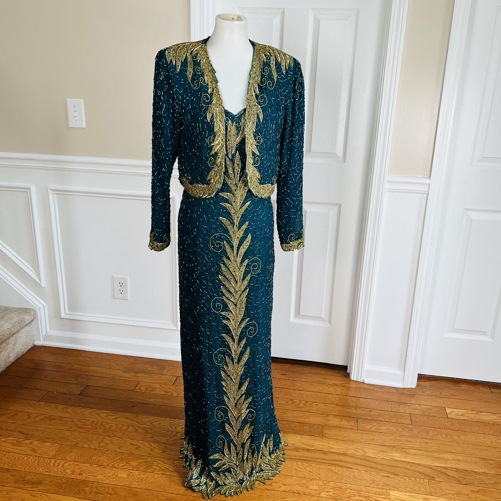TAN CCHO Women 2PC Green Beaded Silk Lined Collarless Dress Suit Size XL