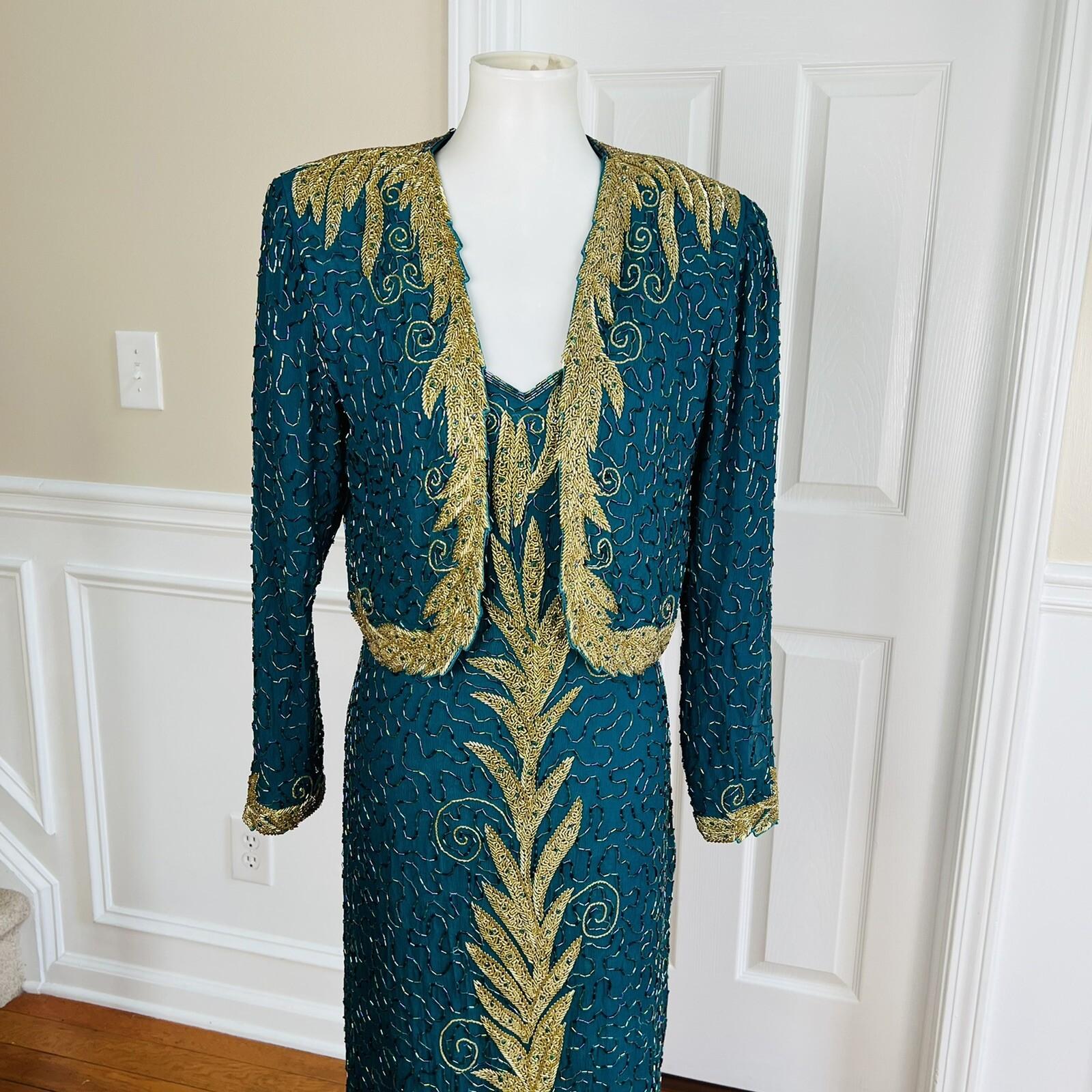 TAN CCHO Women 2PC Green Beaded Silk Lined Collarless Dress Suit Size XL
