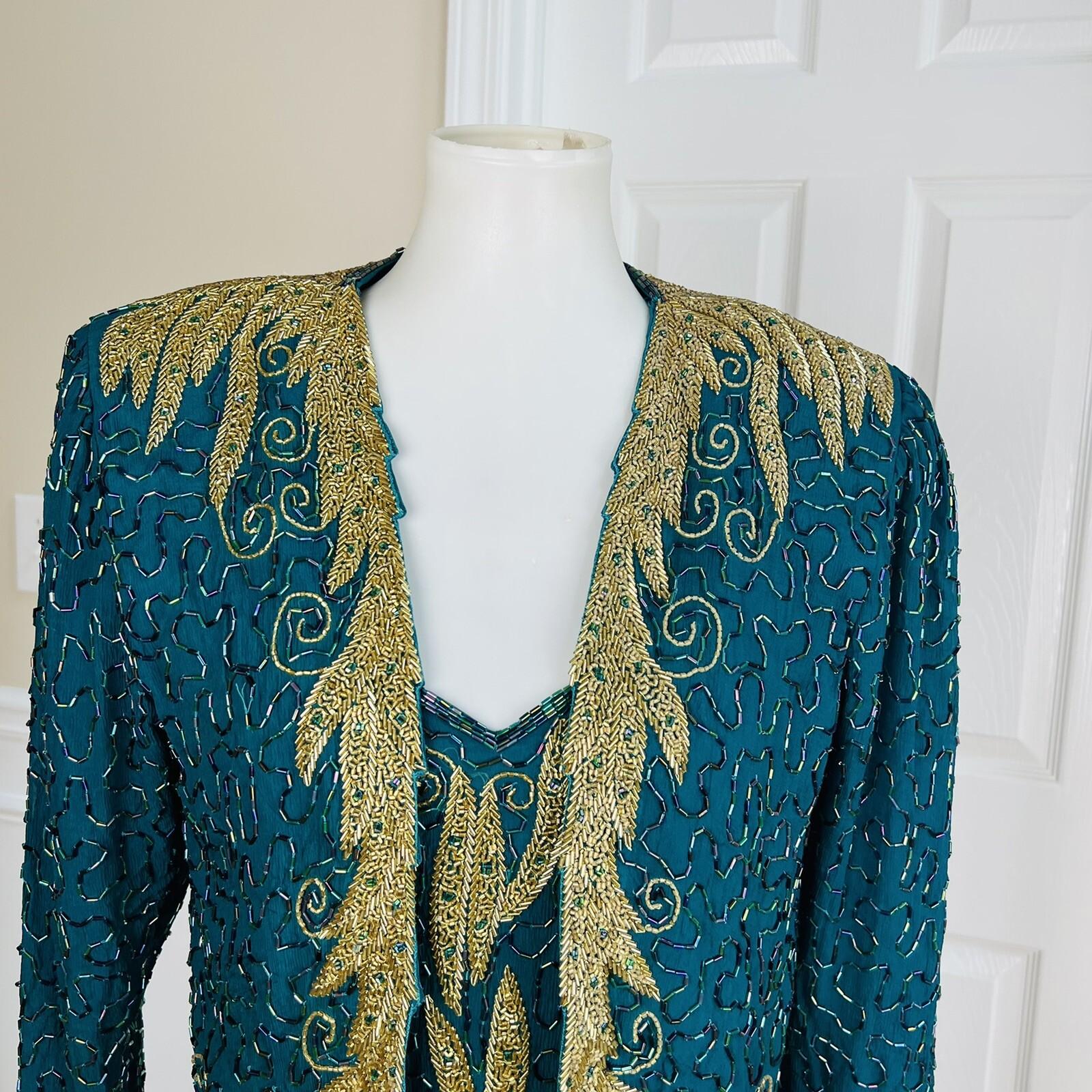 TAN CCHO Women 2PC Green Beaded Silk Lined Collarless Dress Suit Size XL