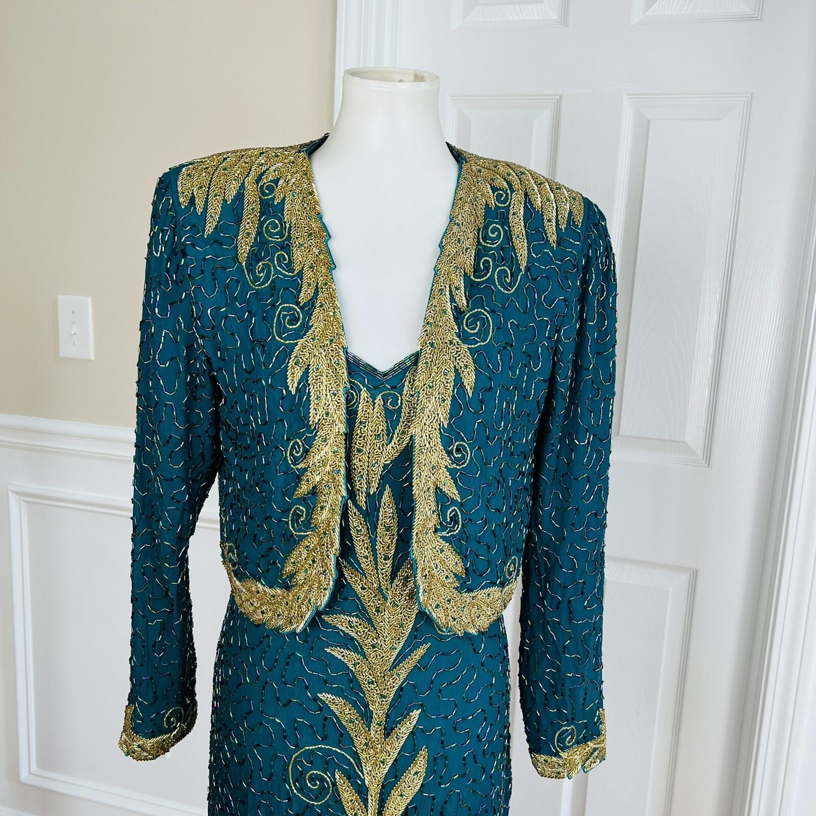 TAN CCHO Women 2PC Green Beaded Silk Lined Collarless Dress Suit Size XL