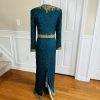 TAN CCHO Women 2PC Green Beaded Silk Lined Collarless Dress Suit Size XL