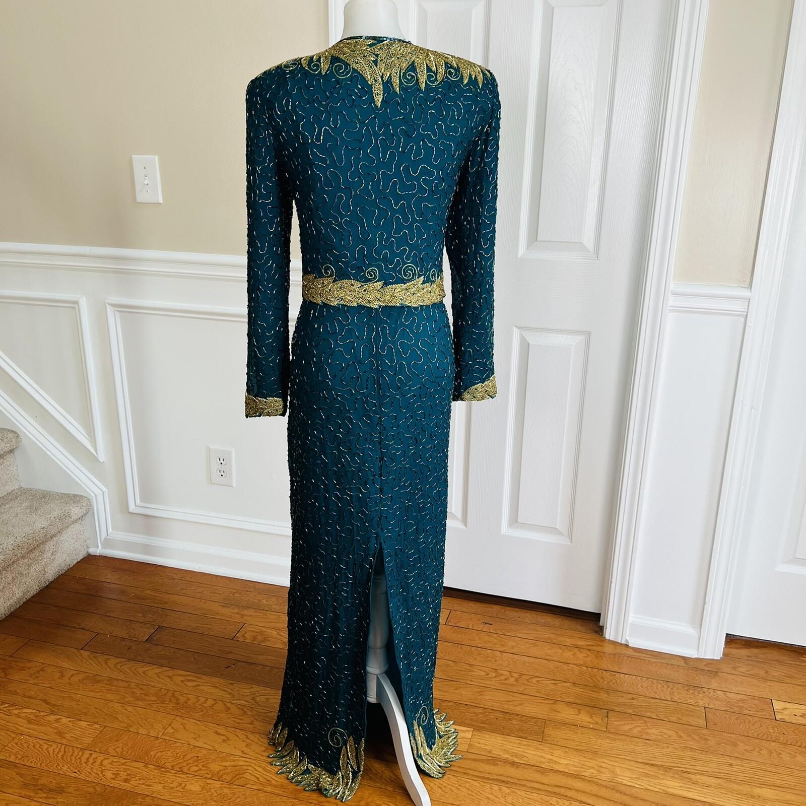 TAN CCHO Women 2PC Green Beaded Silk Lined Collarless Dress Suit Size XL
