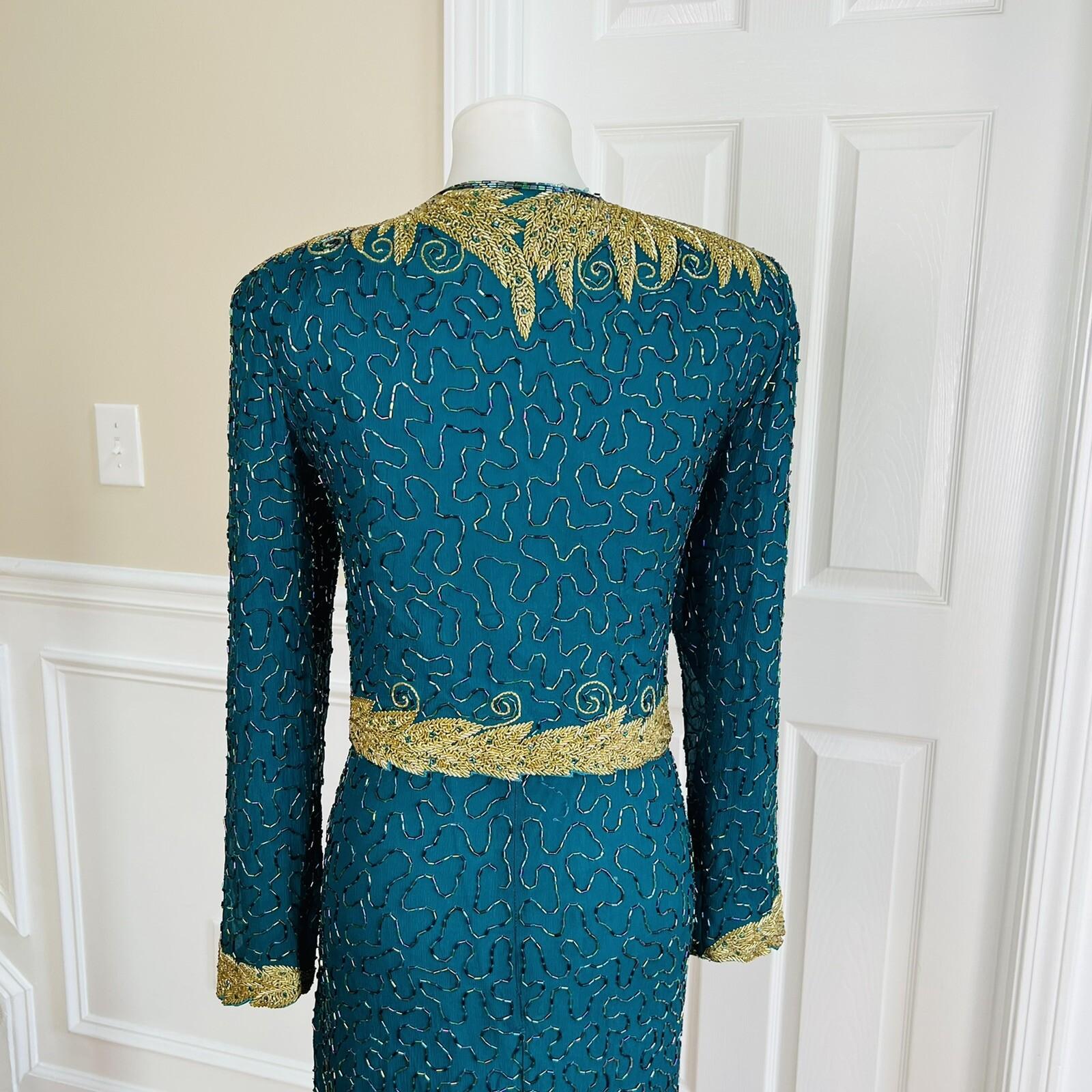 TAN CCHO Women 2PC Green Beaded Silk Lined Collarless Dress Suit Size XL
