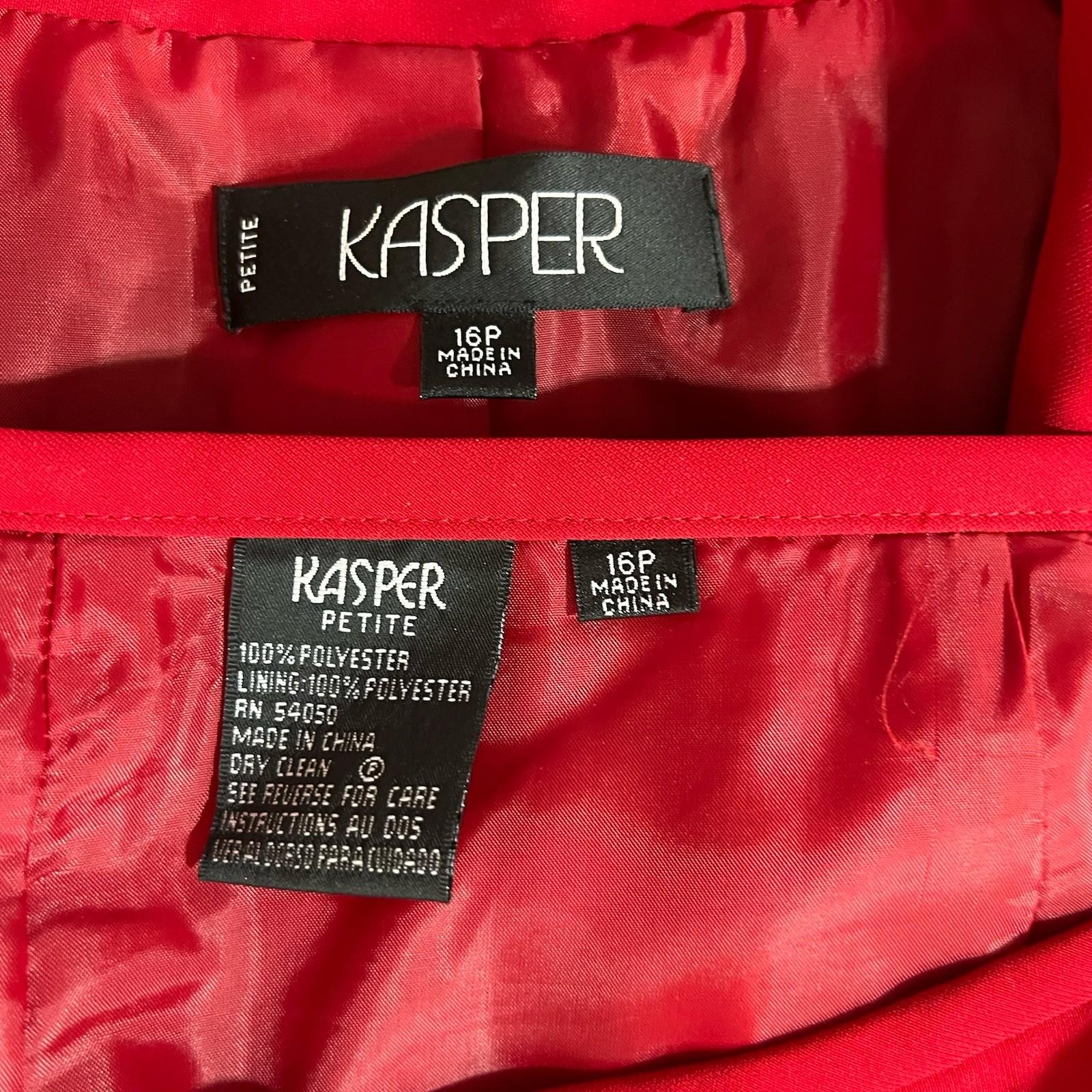 Kasper Polyester Skirt Suit Size 16P Red Shawl Collar Lined 2PC Timeless Career