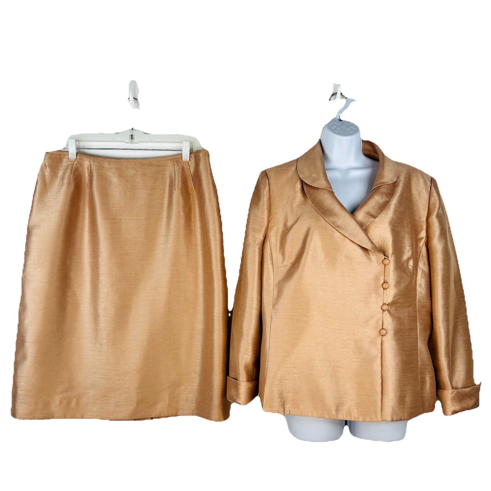 Le Suit Polyester Skirt Suit 16 Golden Beige Metallic Shawl Collar Cocktail 2PC