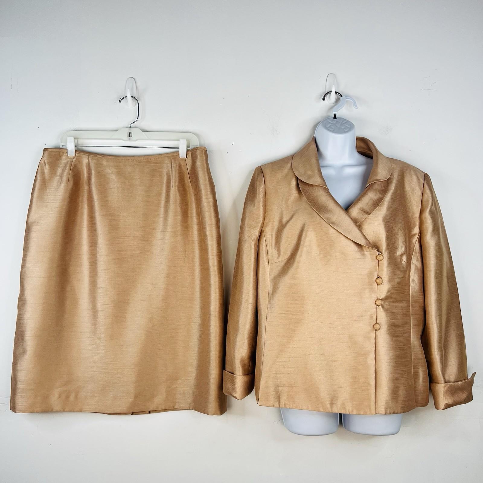 Le Suit Polyester Skirt Suit 16 Golden Beige Metallic Shawl Collar Cocktail 2PC