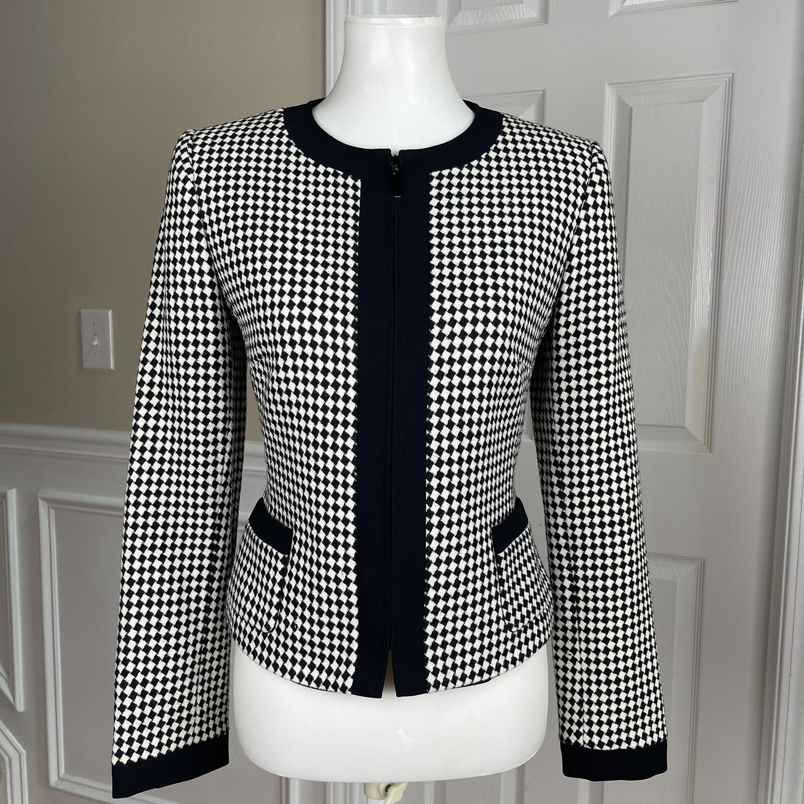 TAHARI Women 1PC Black White Polyester Wool Blend Lined Zip Up Blazer Size 4