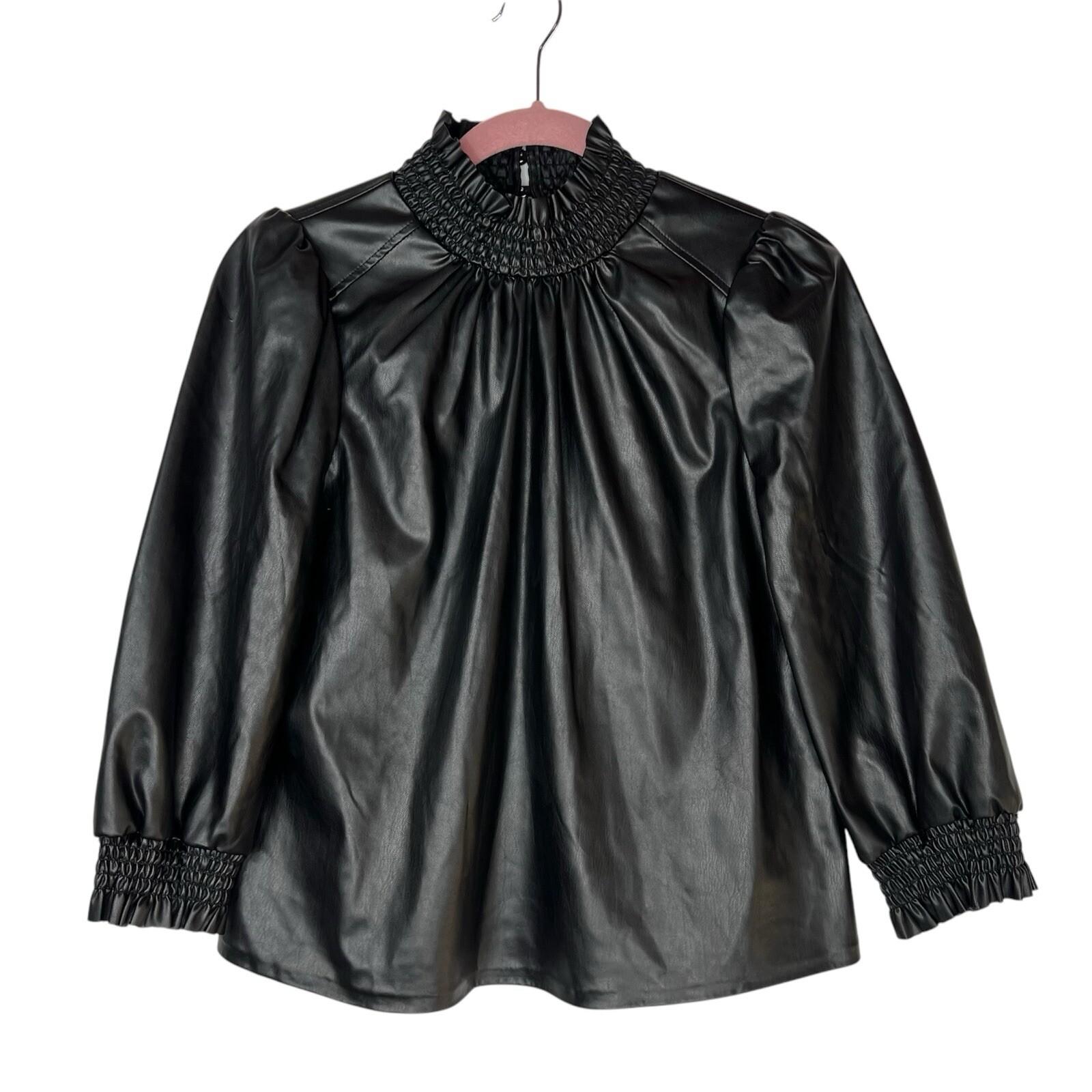 INC International Concepts Faux Leather Smocked Keyhole Neck Top Size S Back