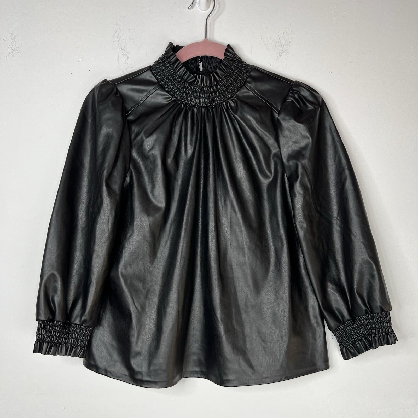 INC International Concepts Faux Leather Smocked Keyhole Neck Top Size S Back