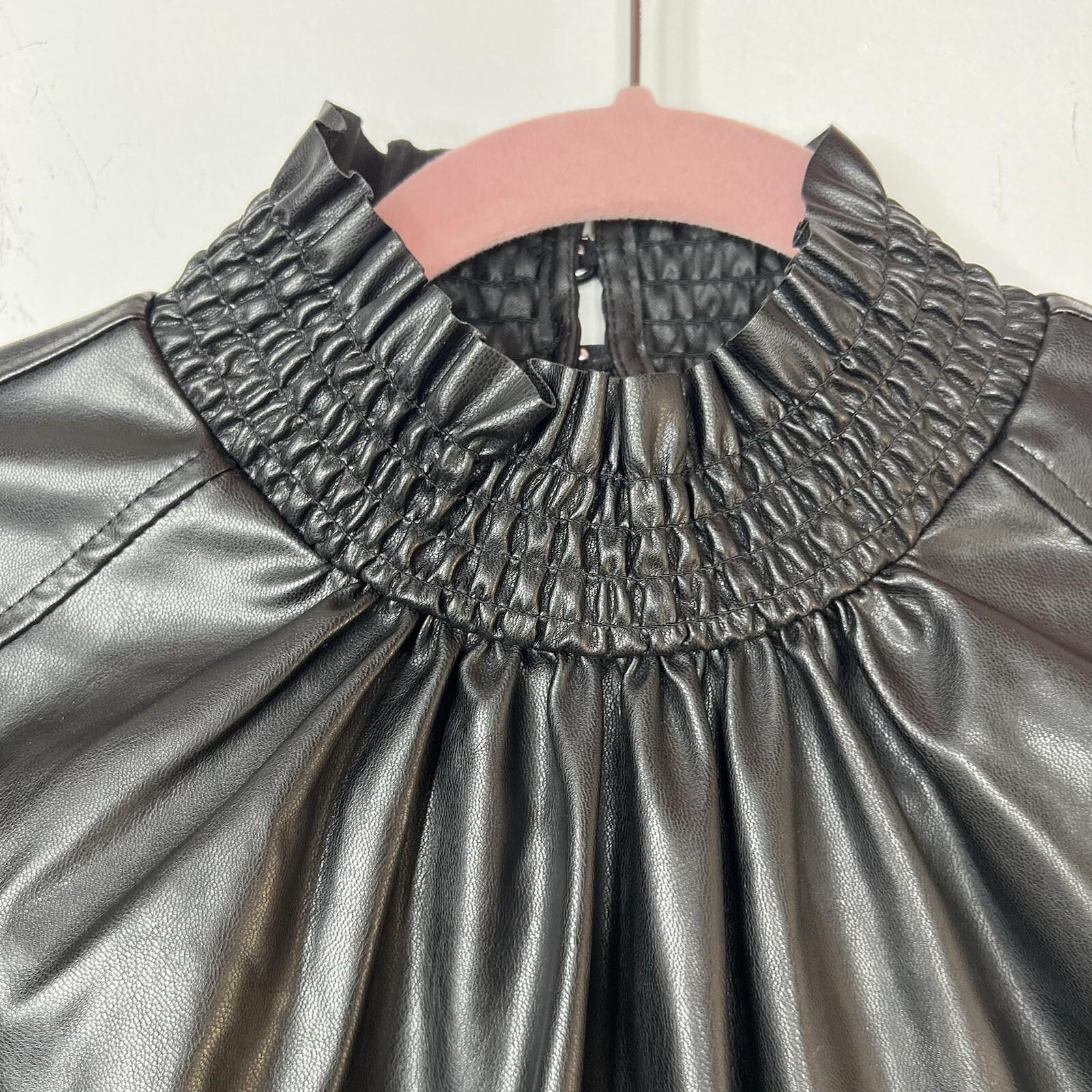 INC International Concepts Faux Leather Smocked Keyhole Neck Top Size S Back
