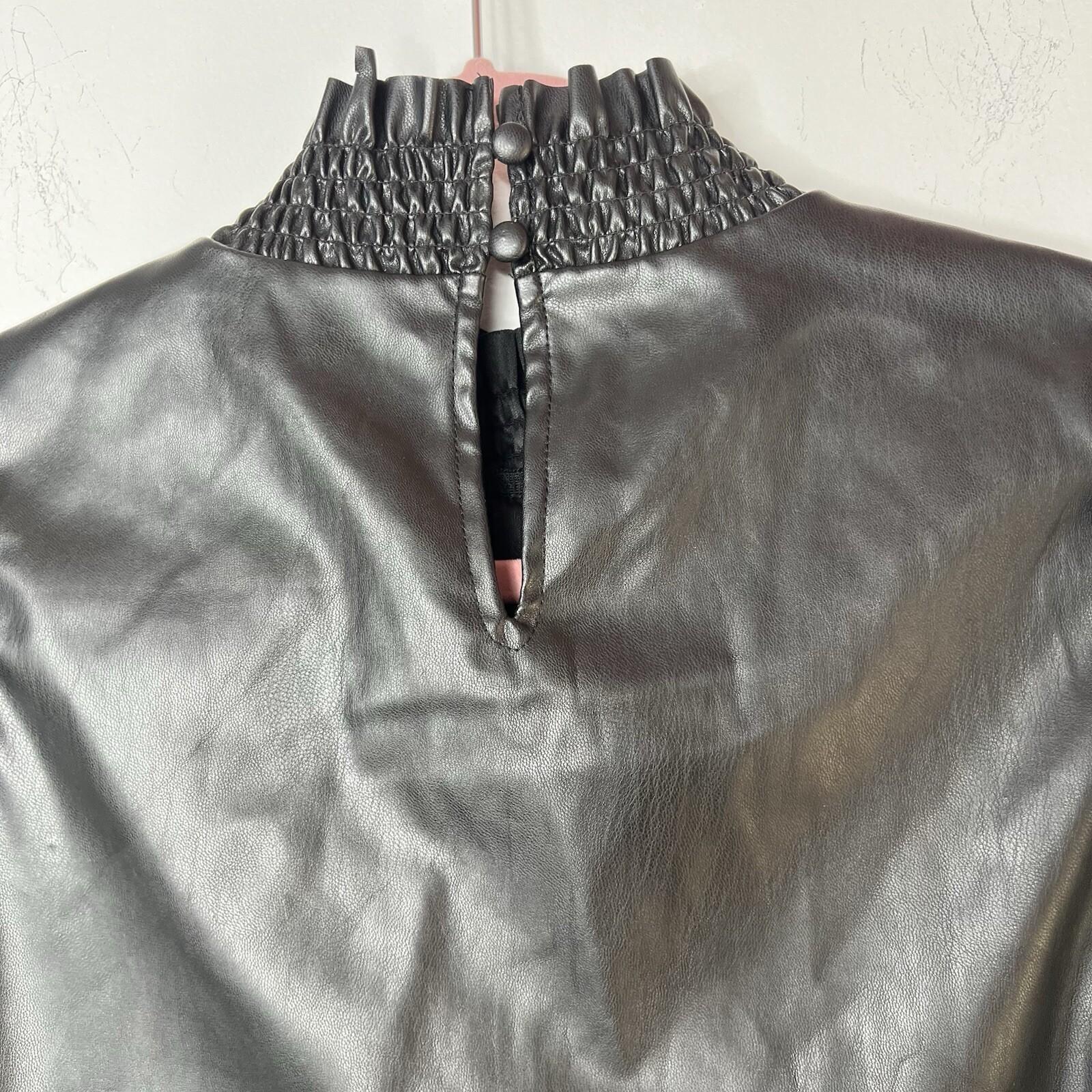 INC International Concepts Faux Leather Smocked Keyhole Neck Top Size S Back
