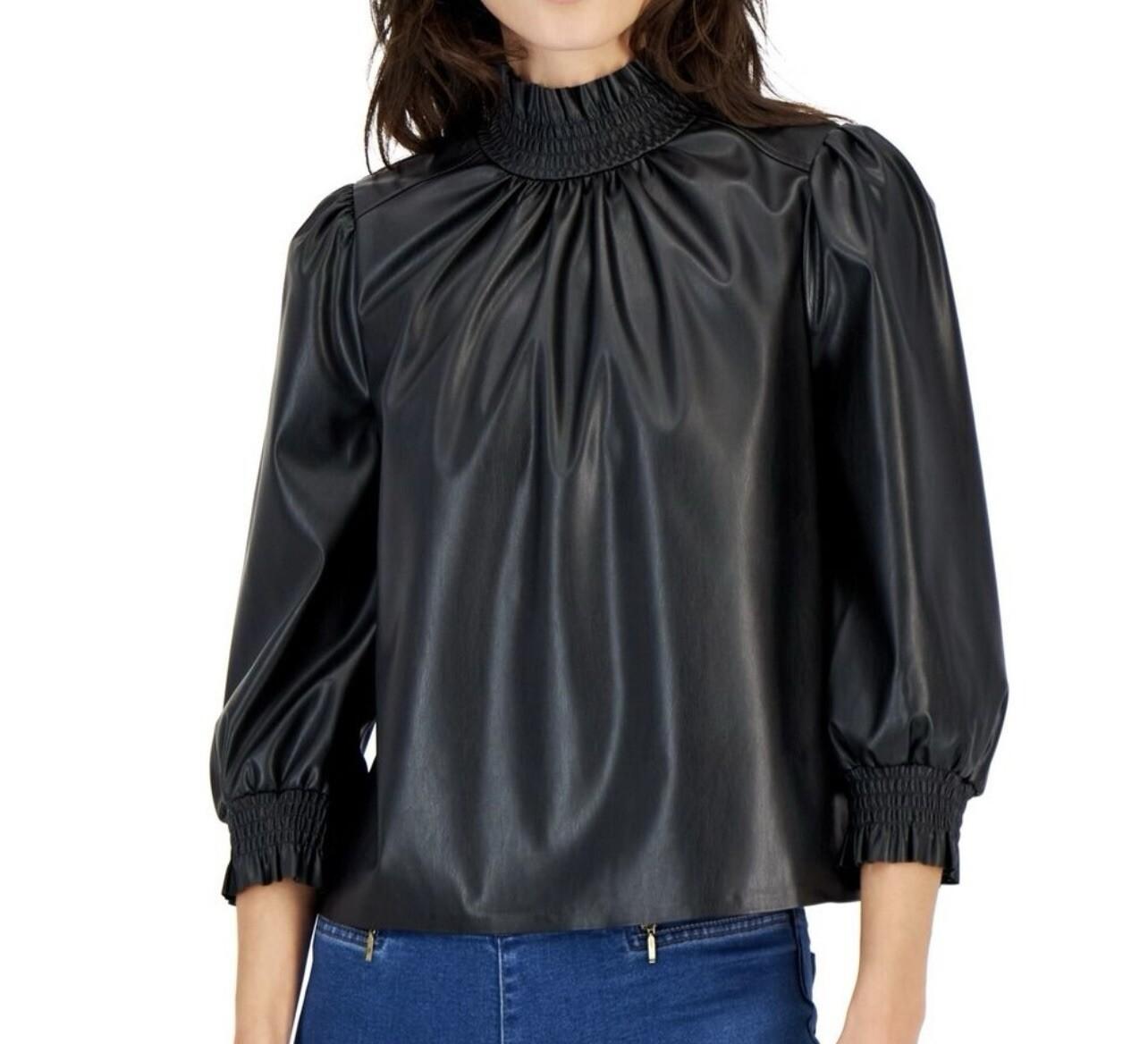 INC International Concepts Faux Leather Smocked Keyhole Neck Top Size S Back