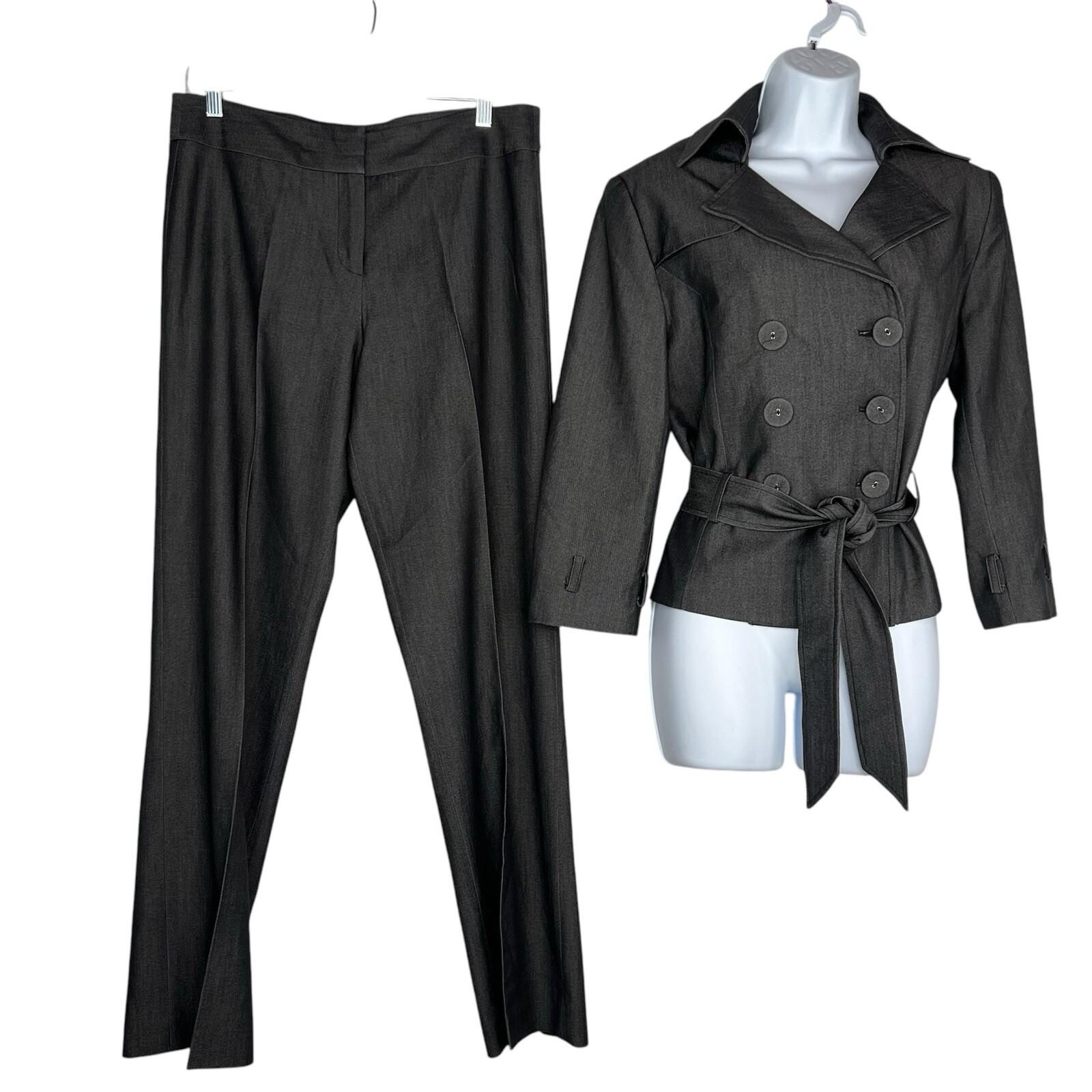 Sharagano Polyester Stretch Pant Suit Size 10 Gray Belted Double Breasted 2PC
