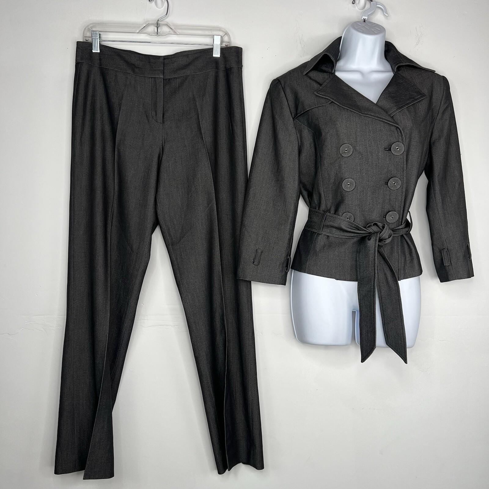 Sharagano Polyester Stretch Pant Suit Size 10 Gray Belted Double Breasted 2PC