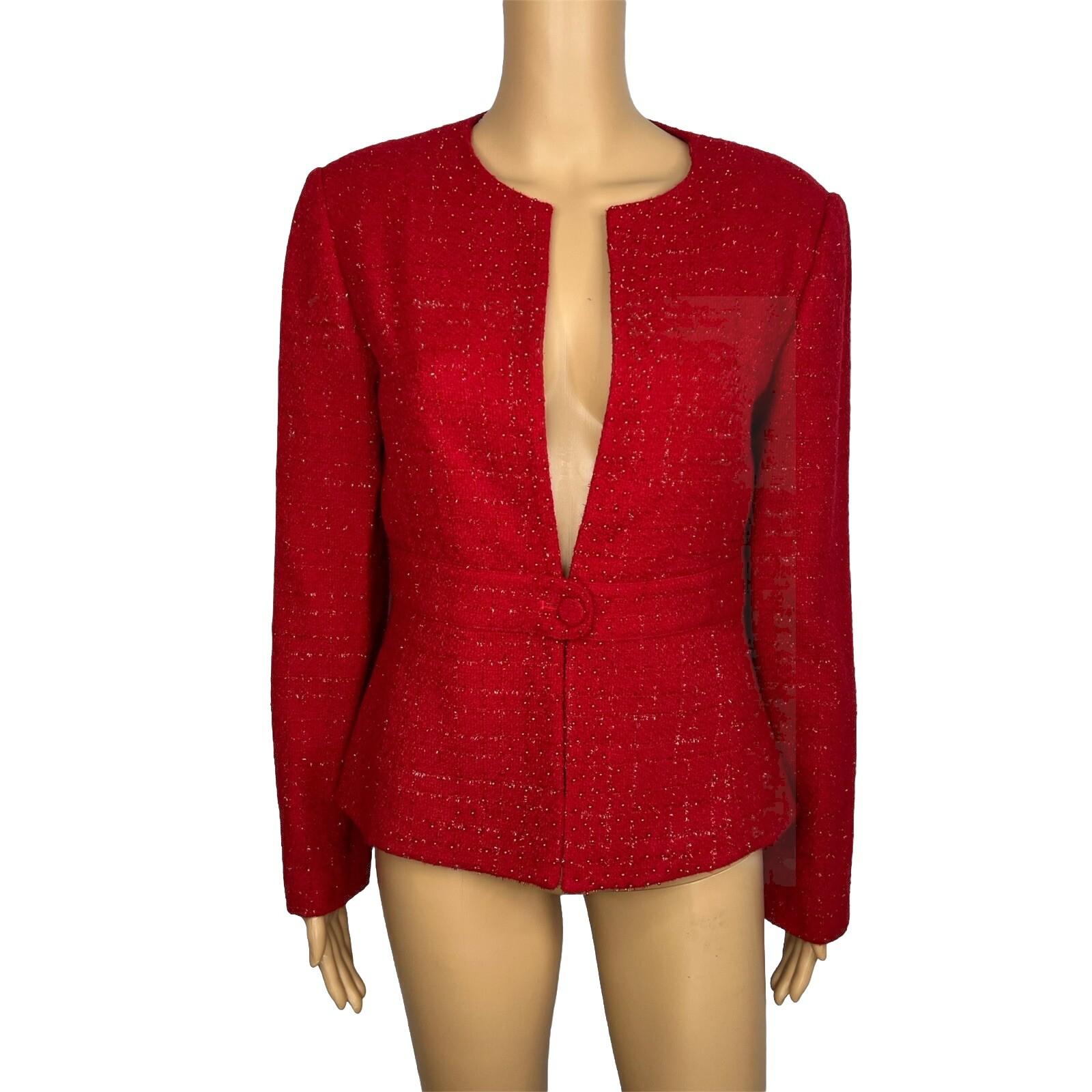 Adrianna Papell Acrylic Polyester Metallic Blazer Size 8 Red Beaded Collarless