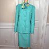 Liz Claiborne Women Polyester Skirt Suit Scarf Size 18 Green Collarless 3PC