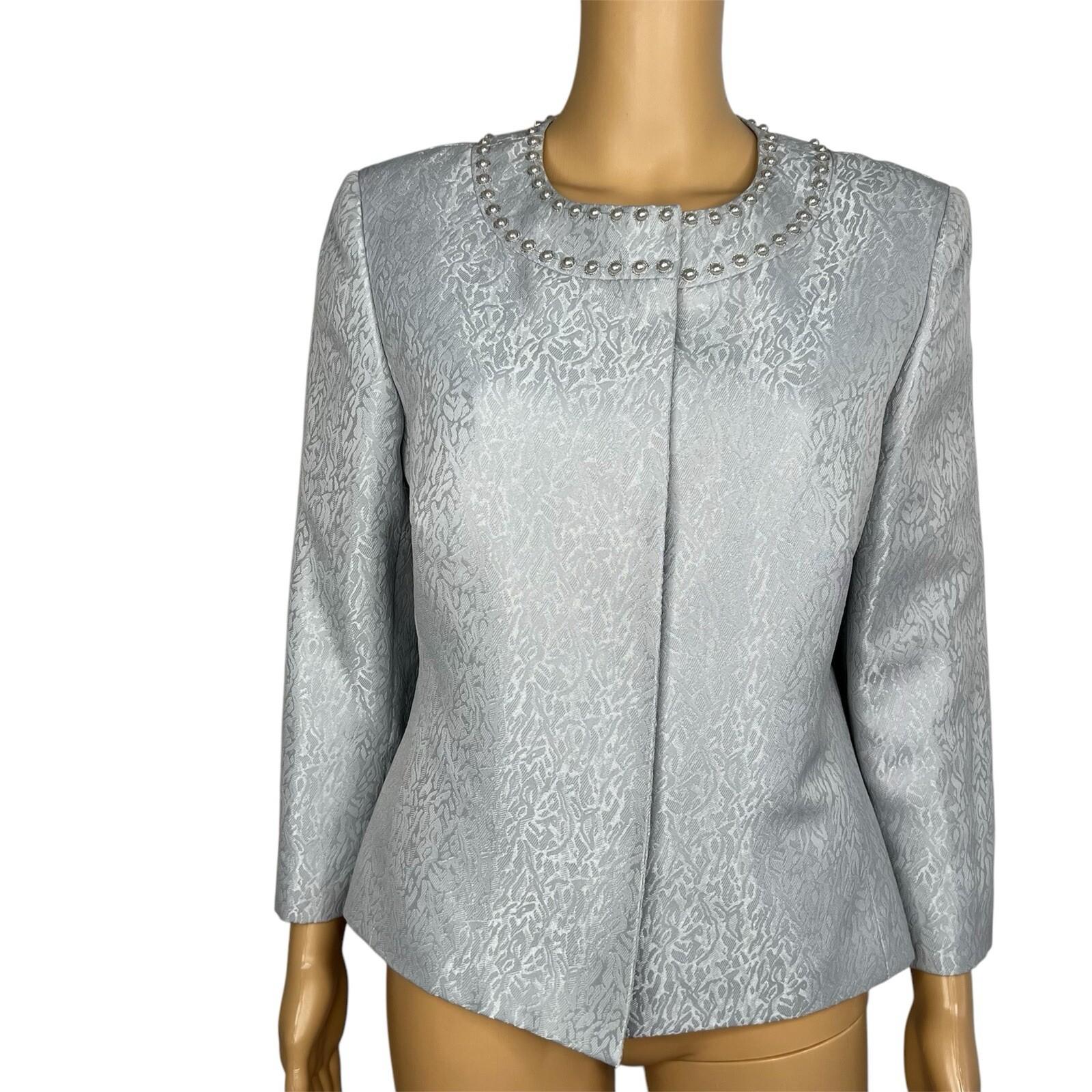 Tahari ASL Polyester Blazer Size 10 Silver Floral Beaded Cocktail 3/4 Sleeve