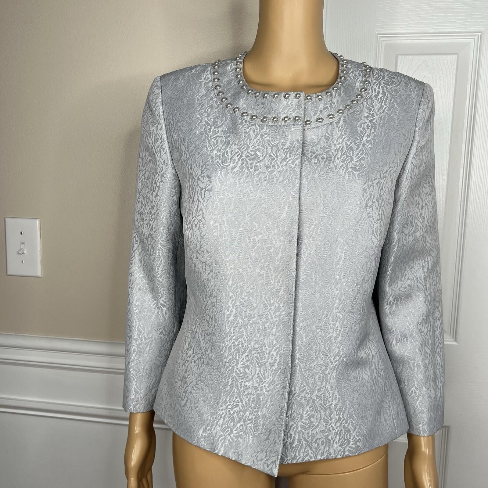 Tahari ASL Polyester Blazer Size 10 Silver Floral Beaded Cocktail 3/4 Sleeve