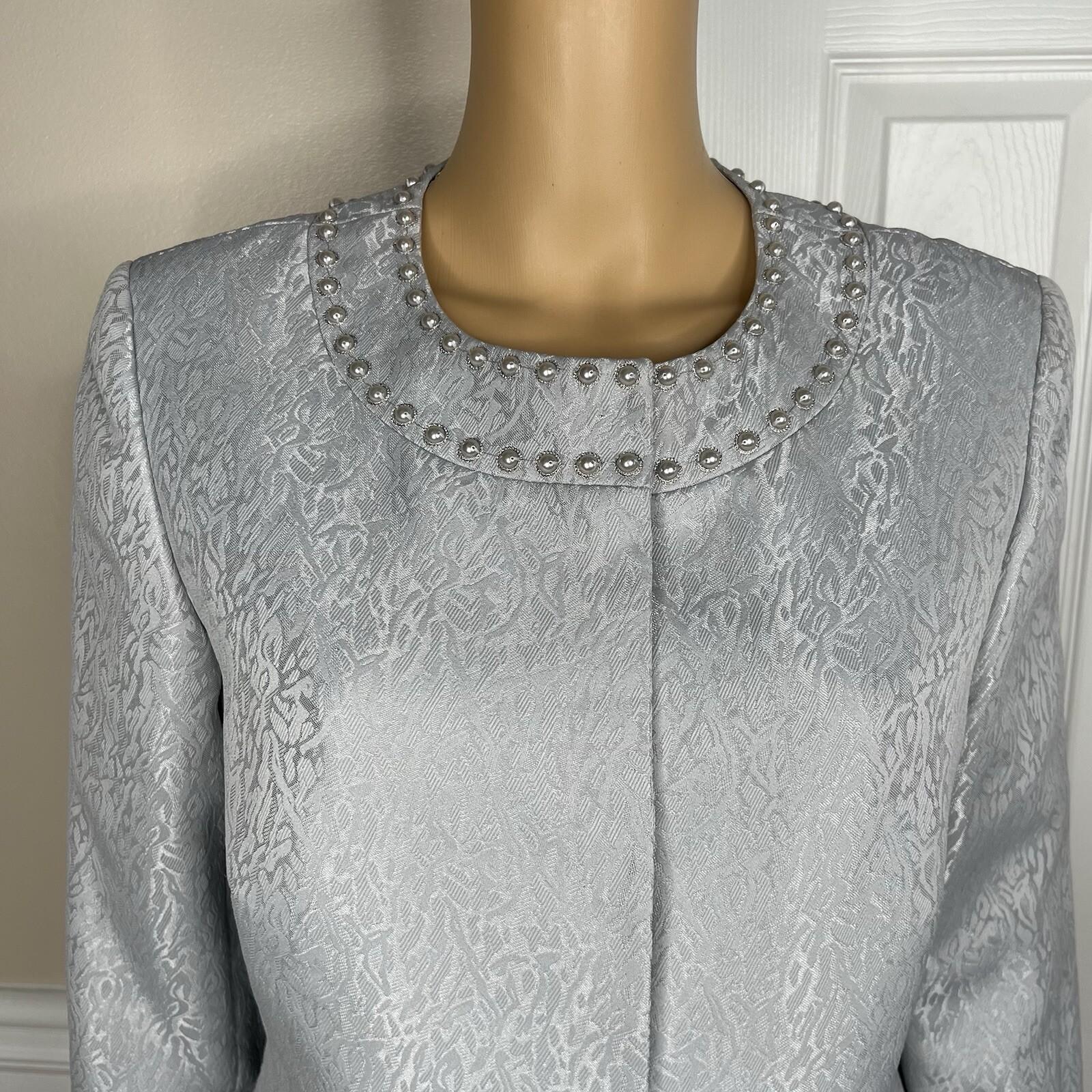 Tahari ASL Polyester Blazer Size 10 Silver Floral Beaded Cocktail 3/4 Sleeve