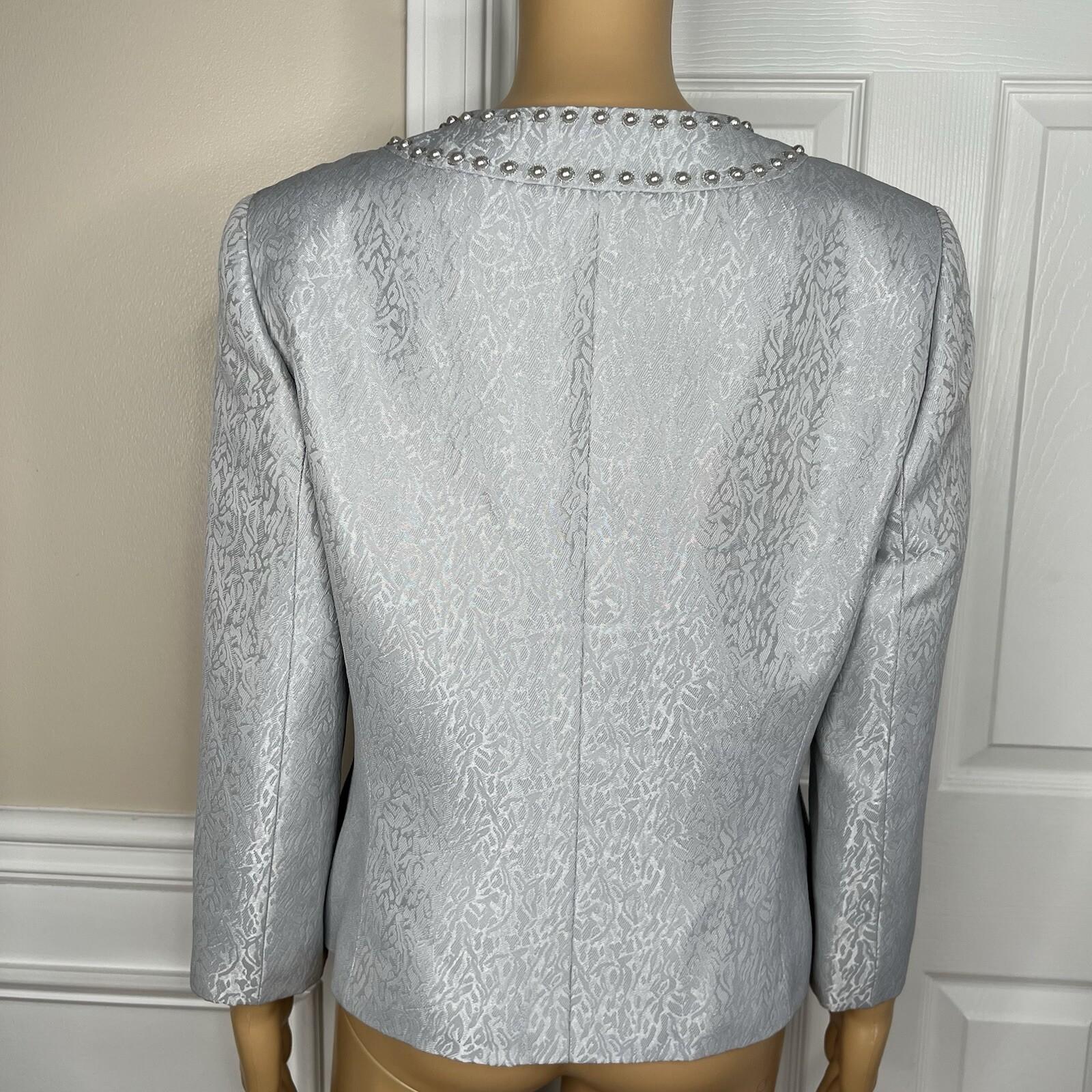 Tahari ASL Polyester Blazer Size 10 Silver Floral Beaded Cocktail 3/4 Sleeve