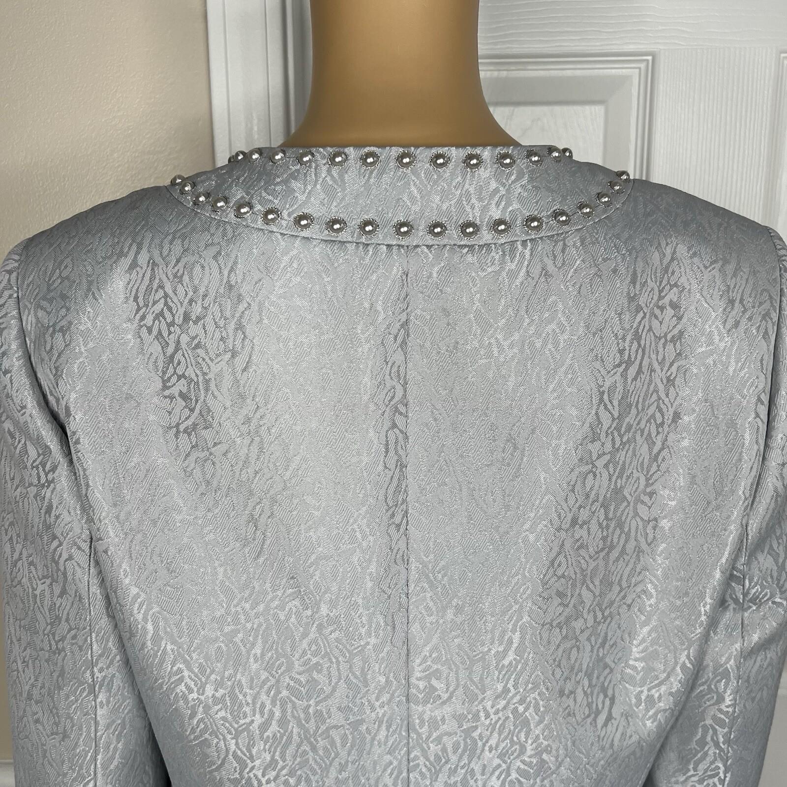Tahari ASL Polyester Blazer Size 10 Silver Floral Beaded Cocktail 3/4 Sleeve