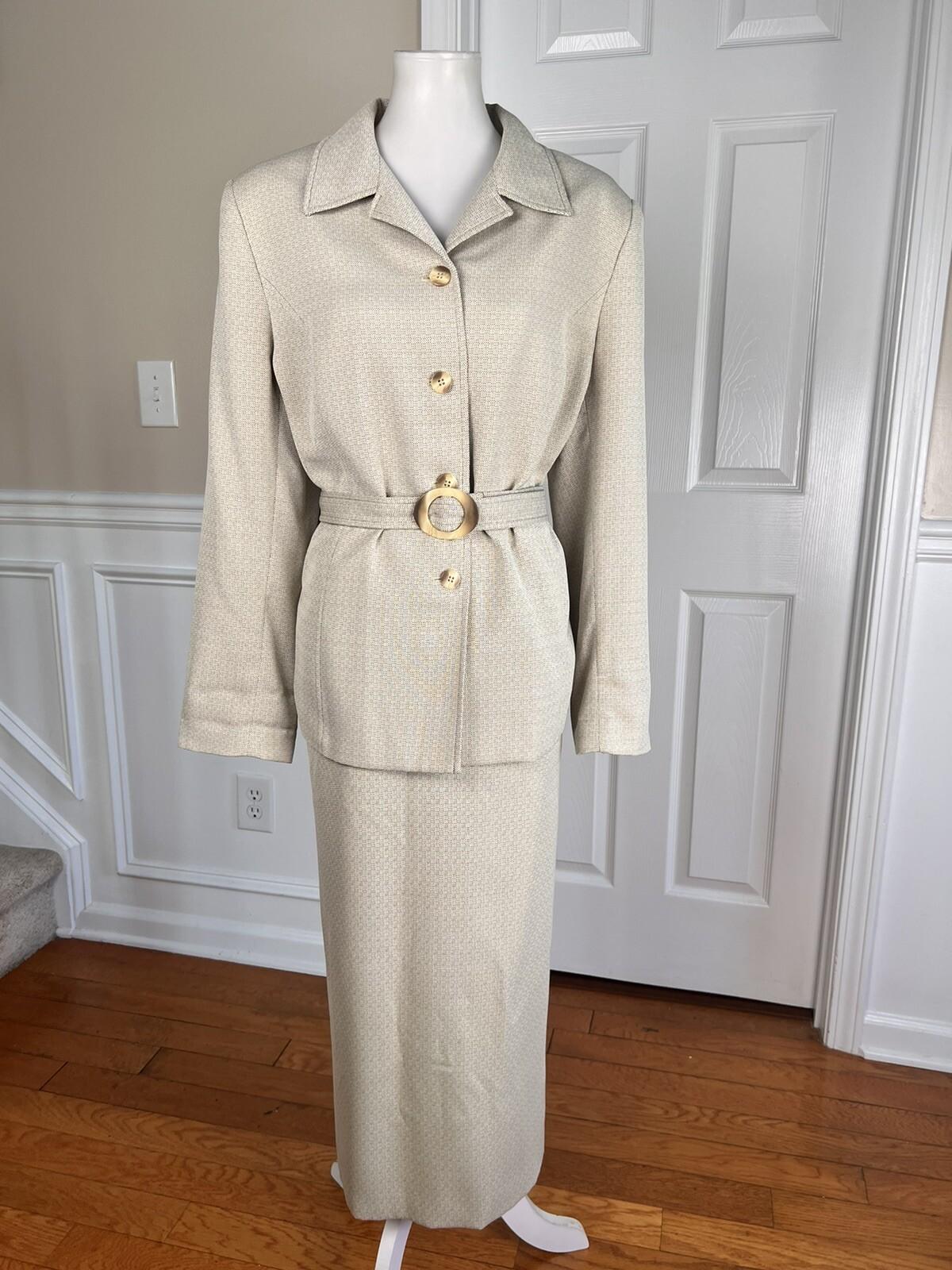 COLLECTIONS For LE SUIT 2PC Beige Polyester Belted Skirt (SZ 14) Suit (SZ 18)
