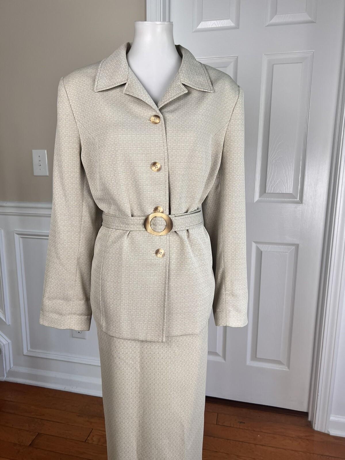 COLLECTIONS For LE SUIT 2PC Beige Polyester Belted Skirt (SZ 14) Suit (SZ 18)